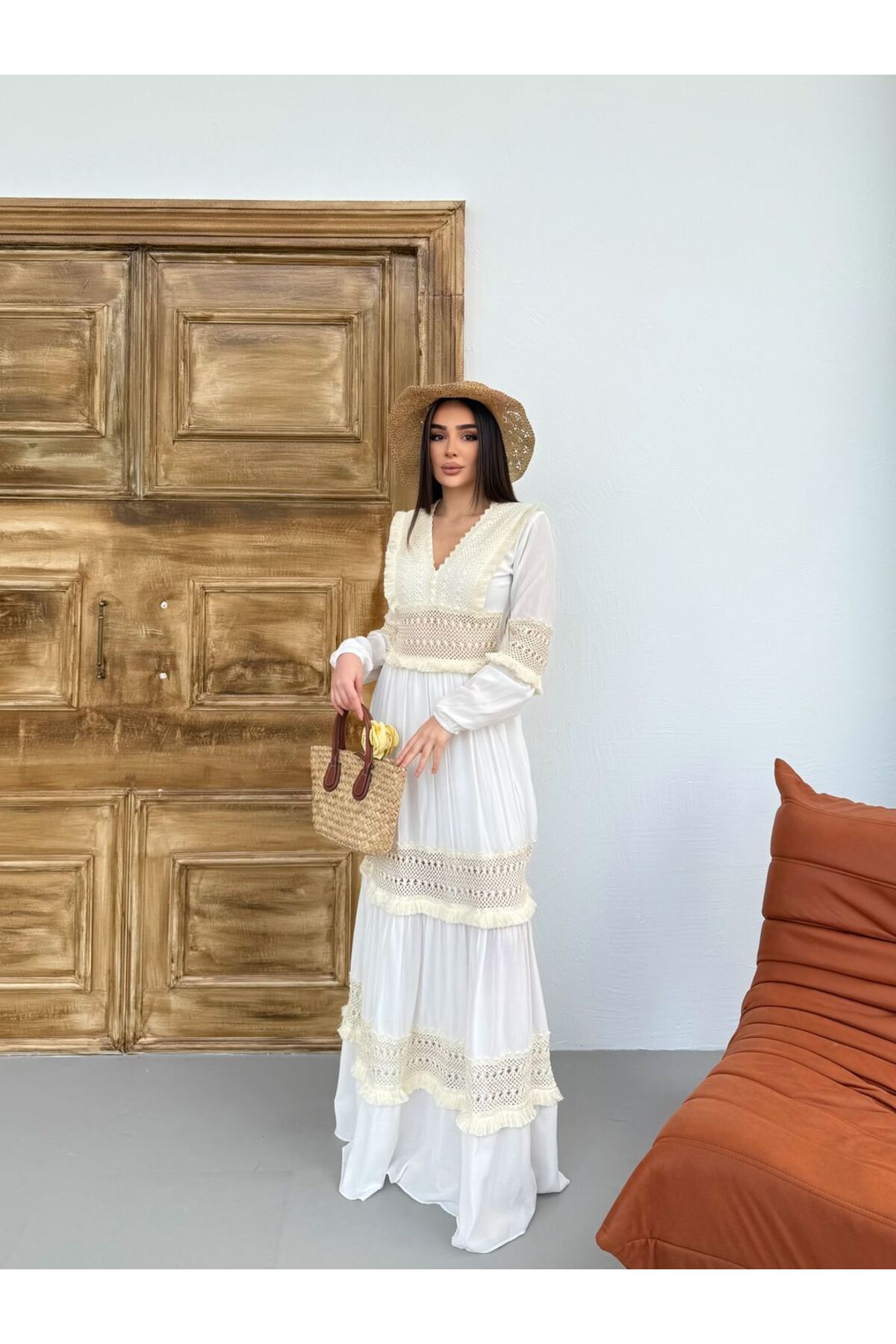 Bel Dantel Detay Maxi Elbise