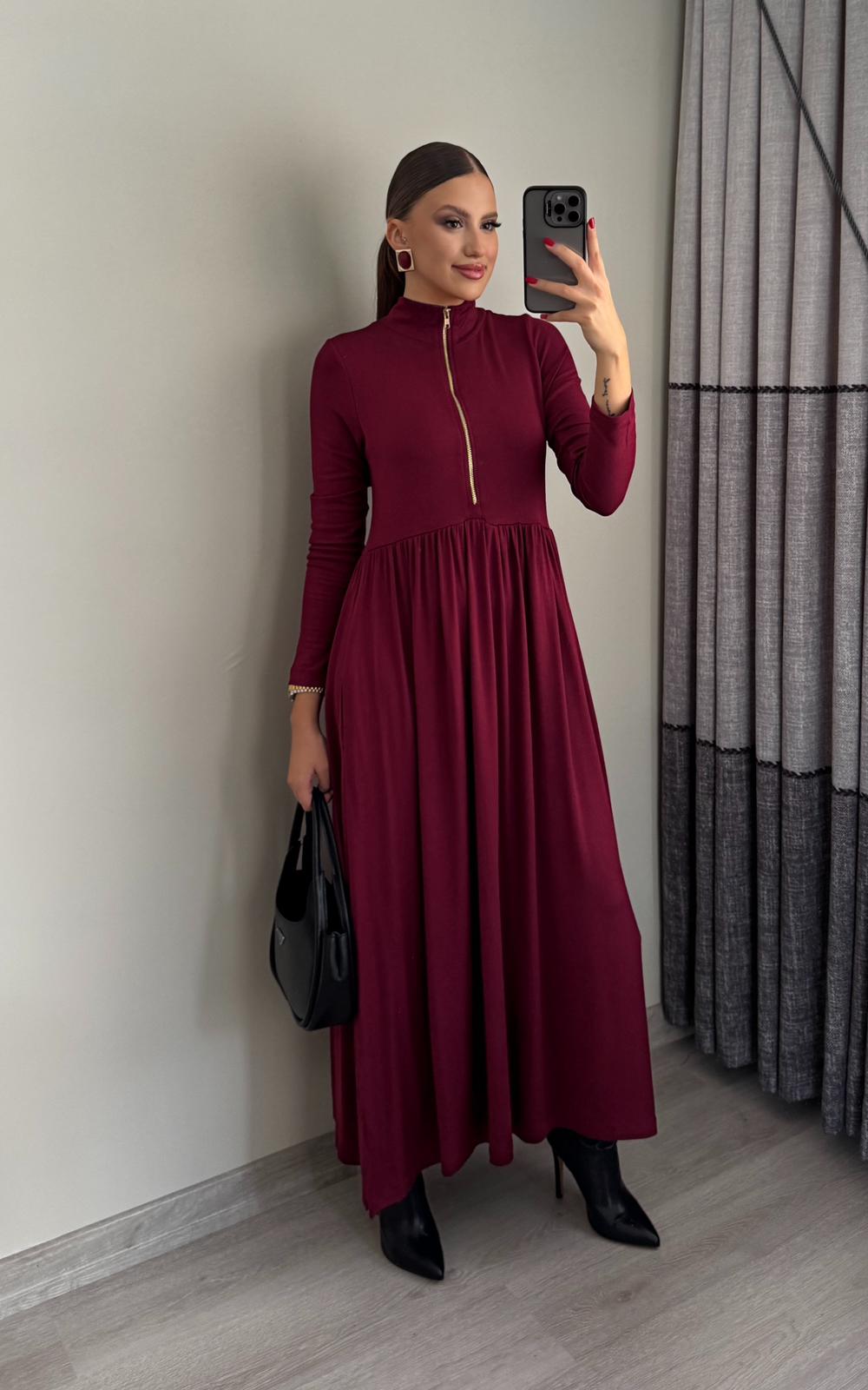 Fermuarlı Yırtmaçlı Maxi Elbise