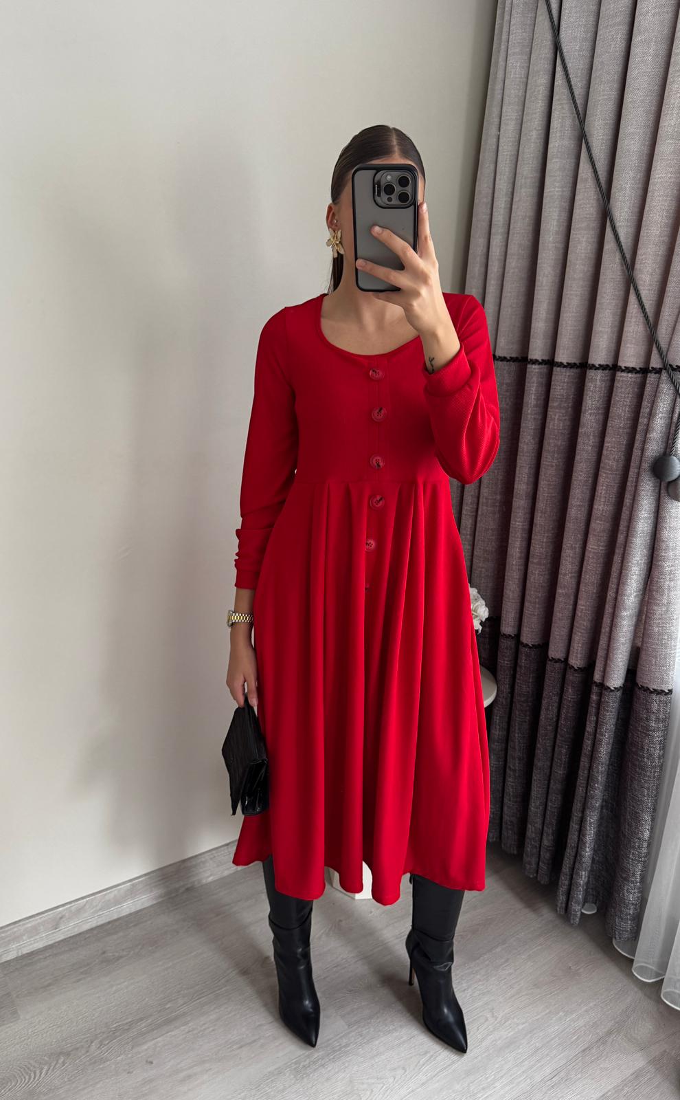 Pileli Düğmeli Midiboy Elbise