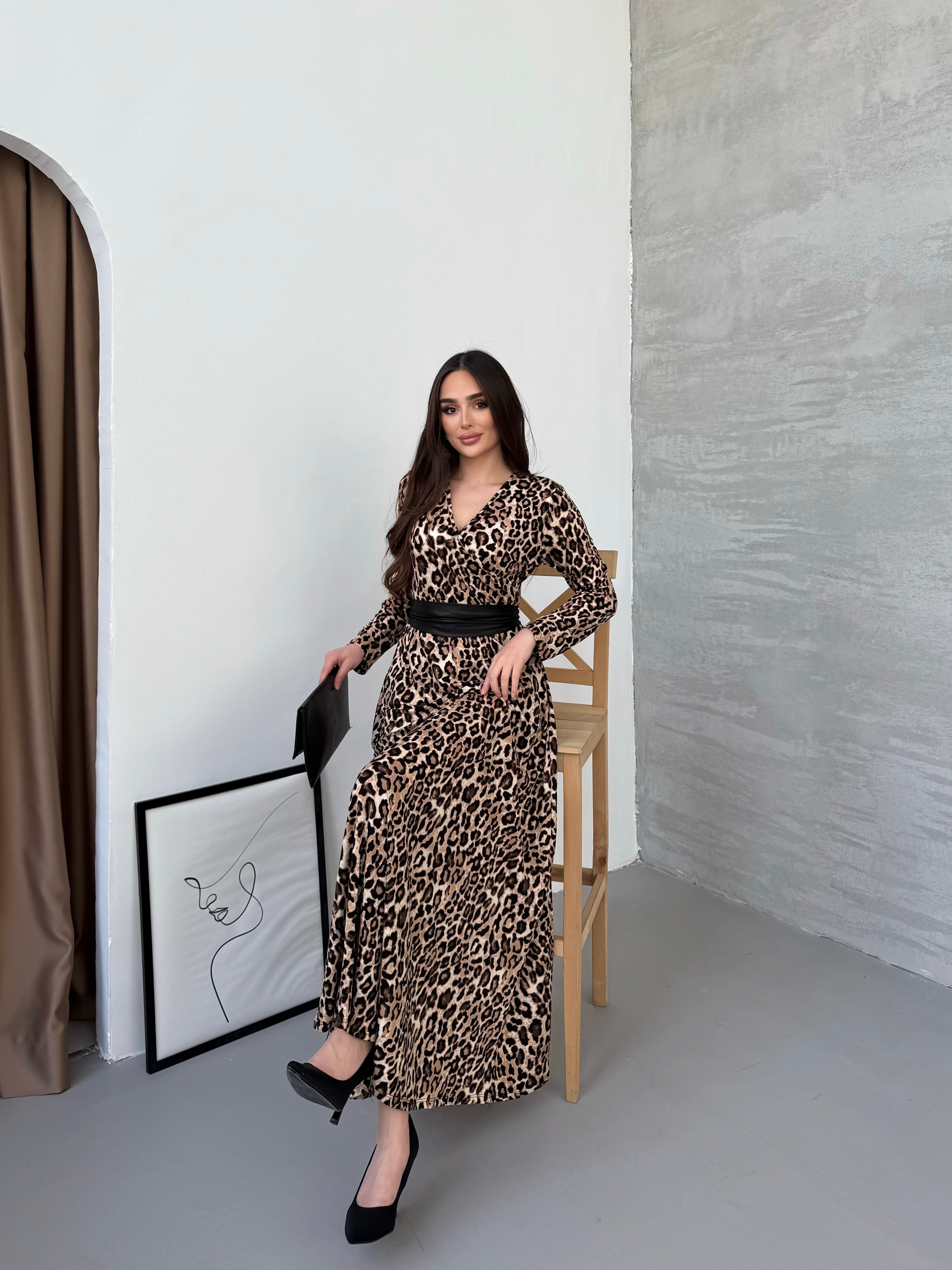 1029 Leopar Kemerli Maxi Elbise