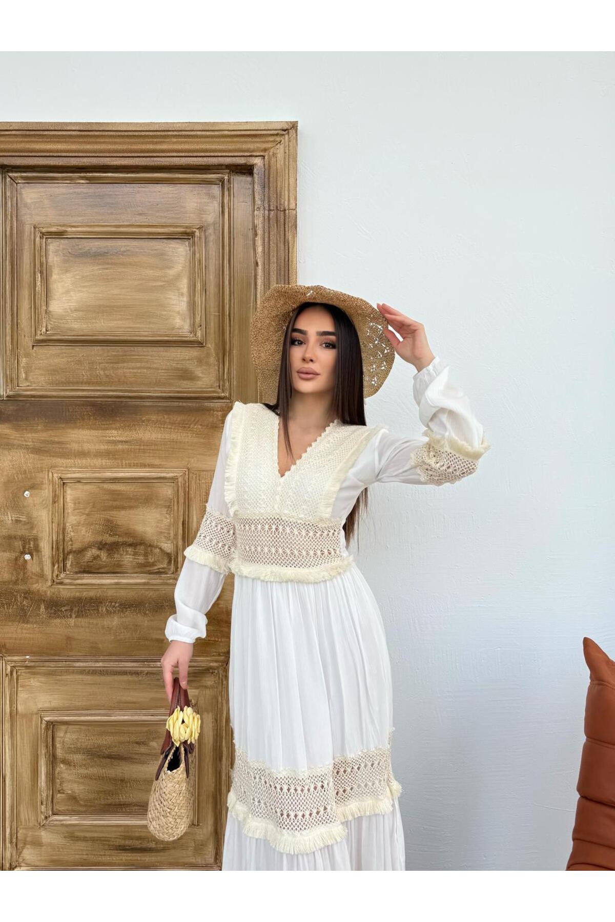 Bel Dantel Detay Maxi Elbise