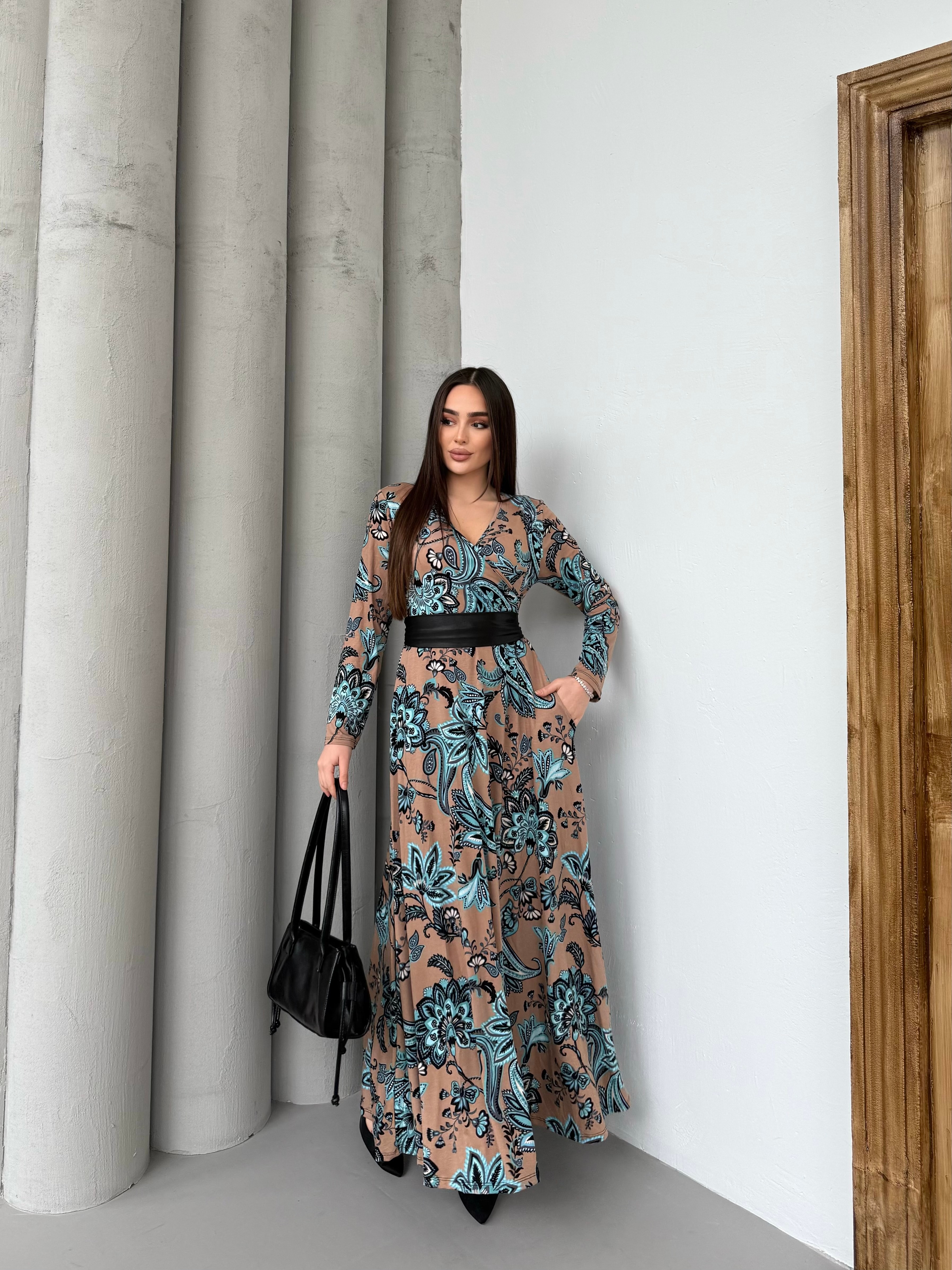 1030 Turkuaz Kemerli Maxi Elbise