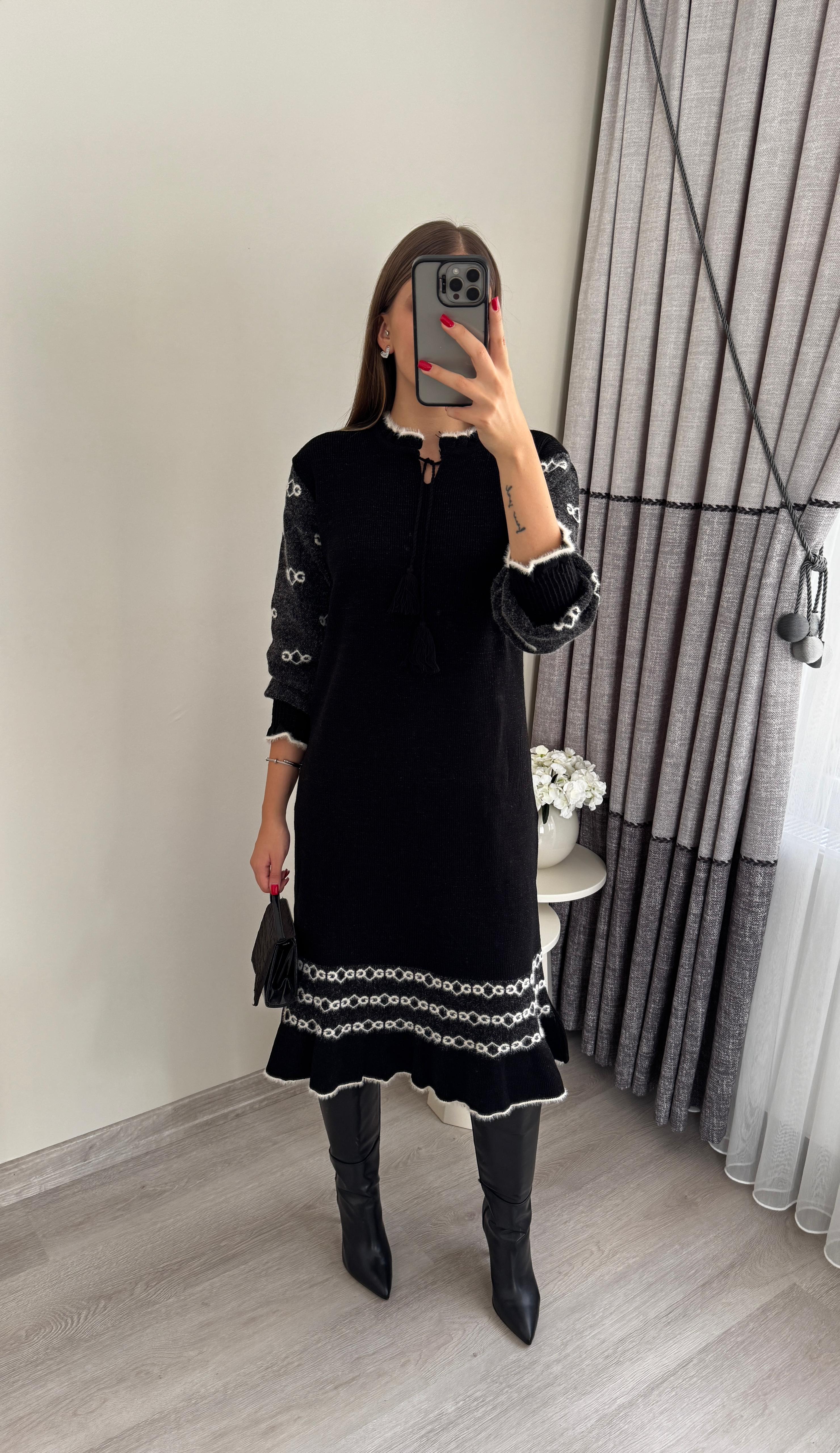 Bağlamalı Simli Triko Elbise