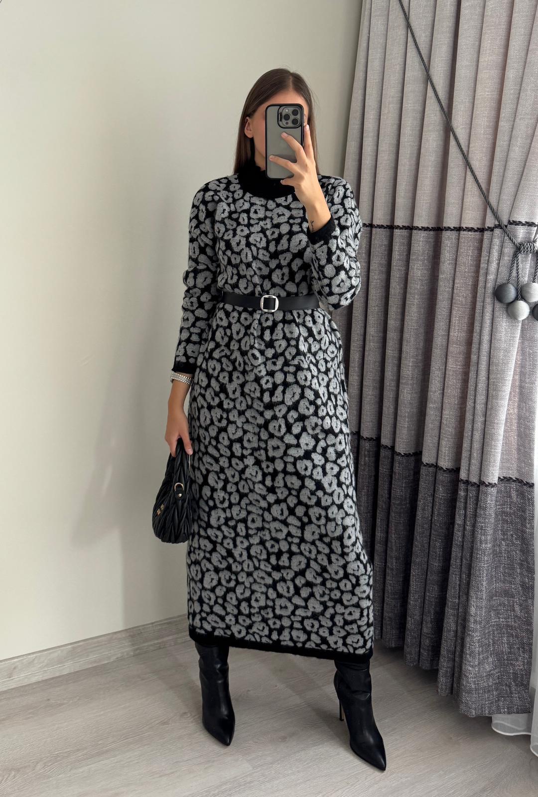 Leopar Kemerli Triko Elbise