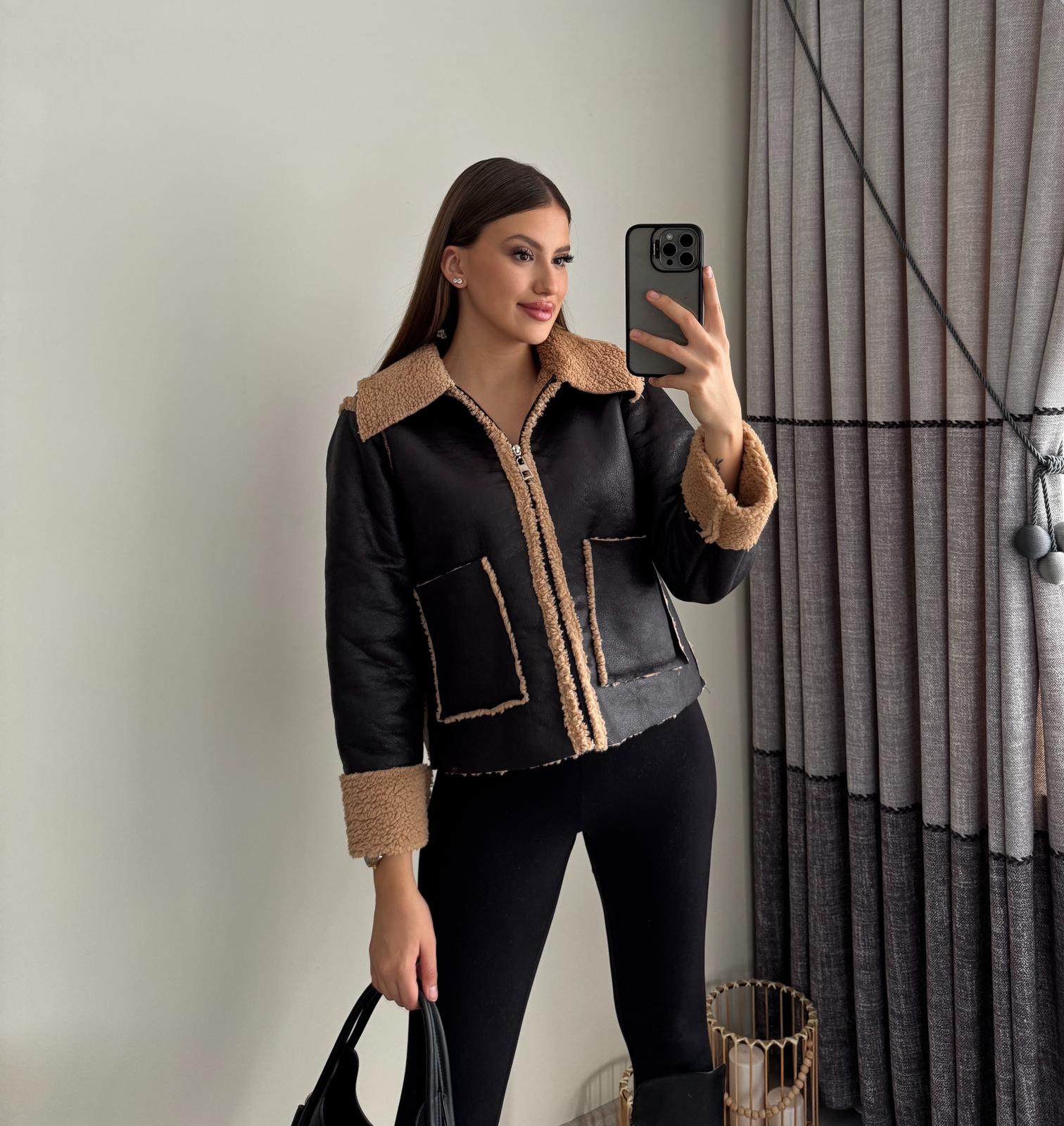 Peluş Nubuk Siyah Renk Deri Ceket