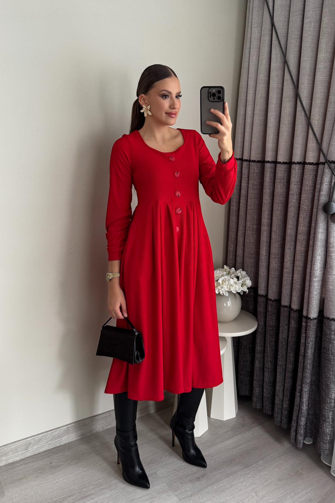 Pileli Düğmeli Midiboy Elbise