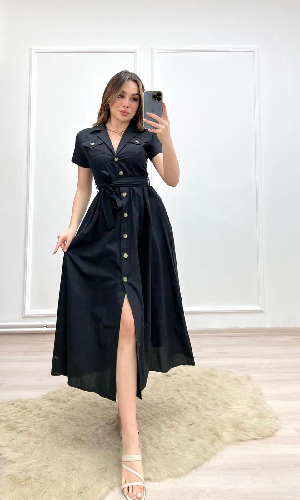Kısa Kol Düğmeli Elbise - Siyah