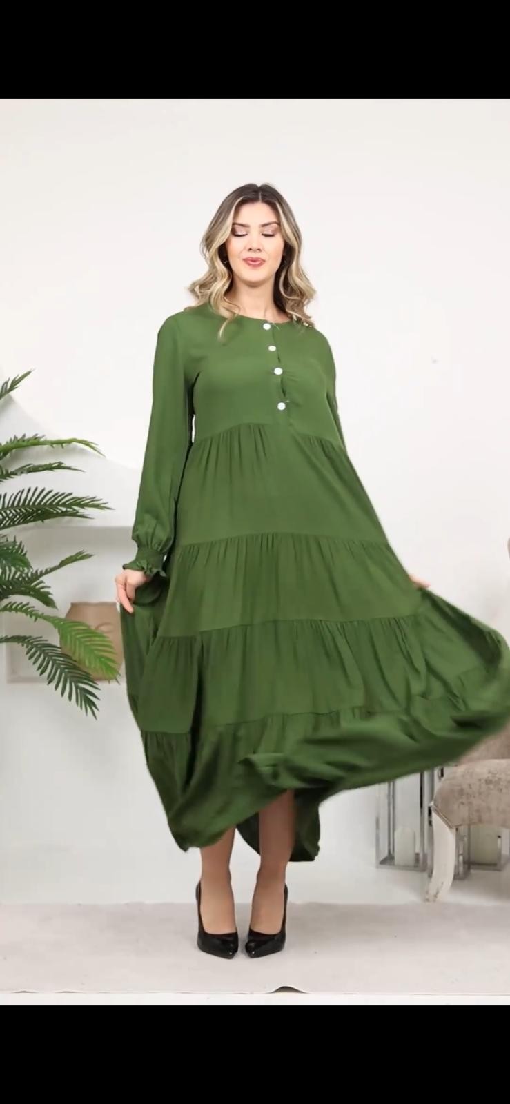Yarım Düğmeli Düz Renk Elbise - Yeşil