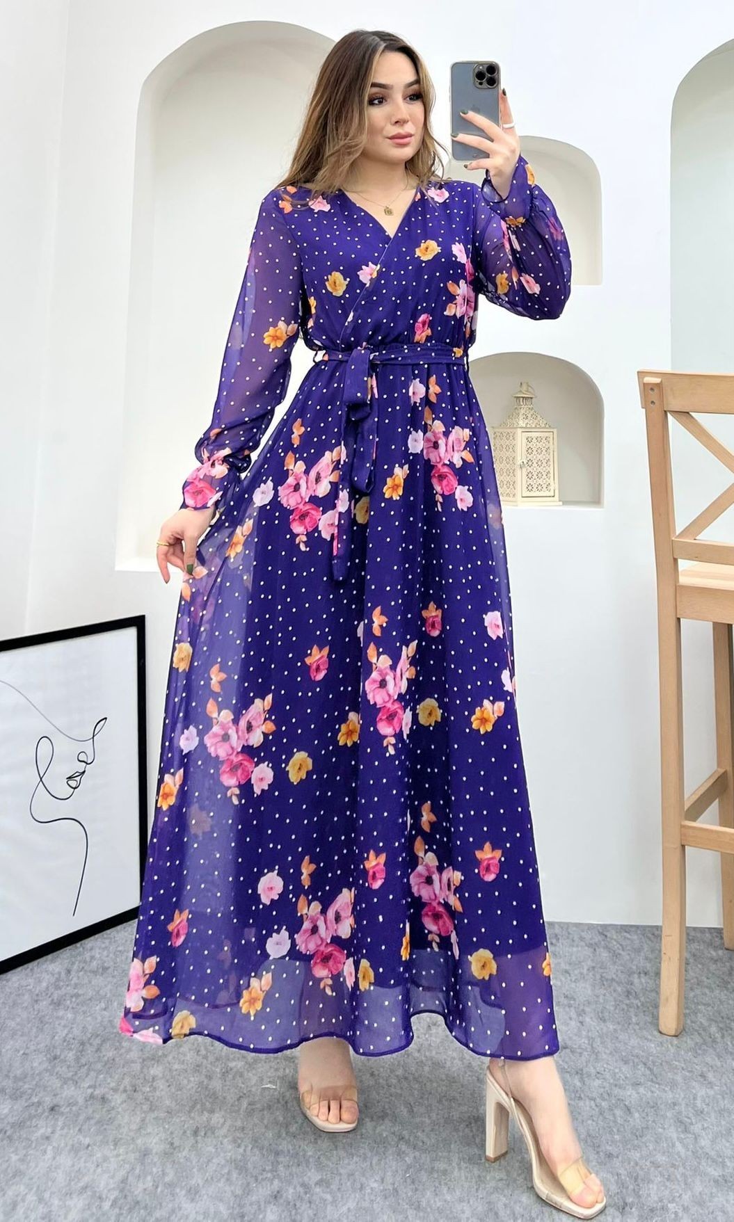 Puantiyeli Çiçekli Astarlı Şifon Elbise - Mor