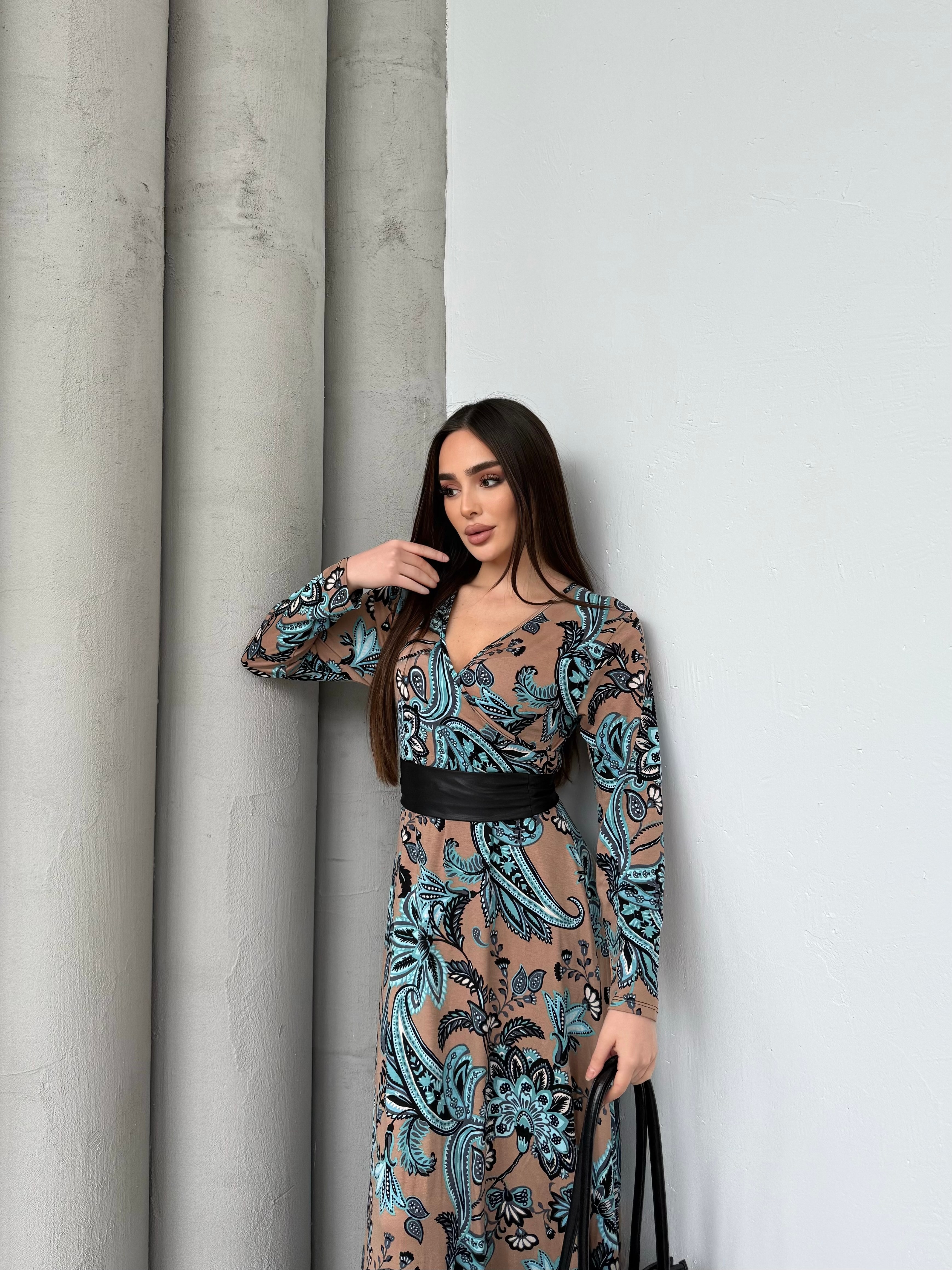 1030 Turkuaz Kemerli Maxi Elbise