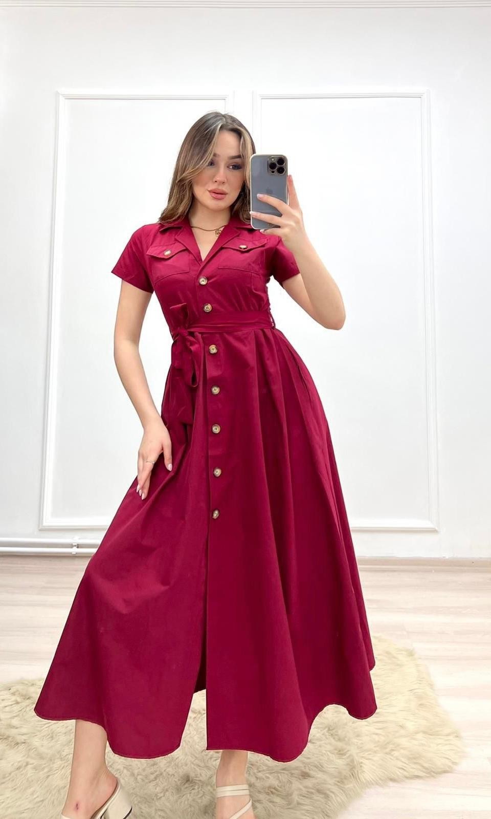 Kısa Kol Düğmeli Elbise - Bordo