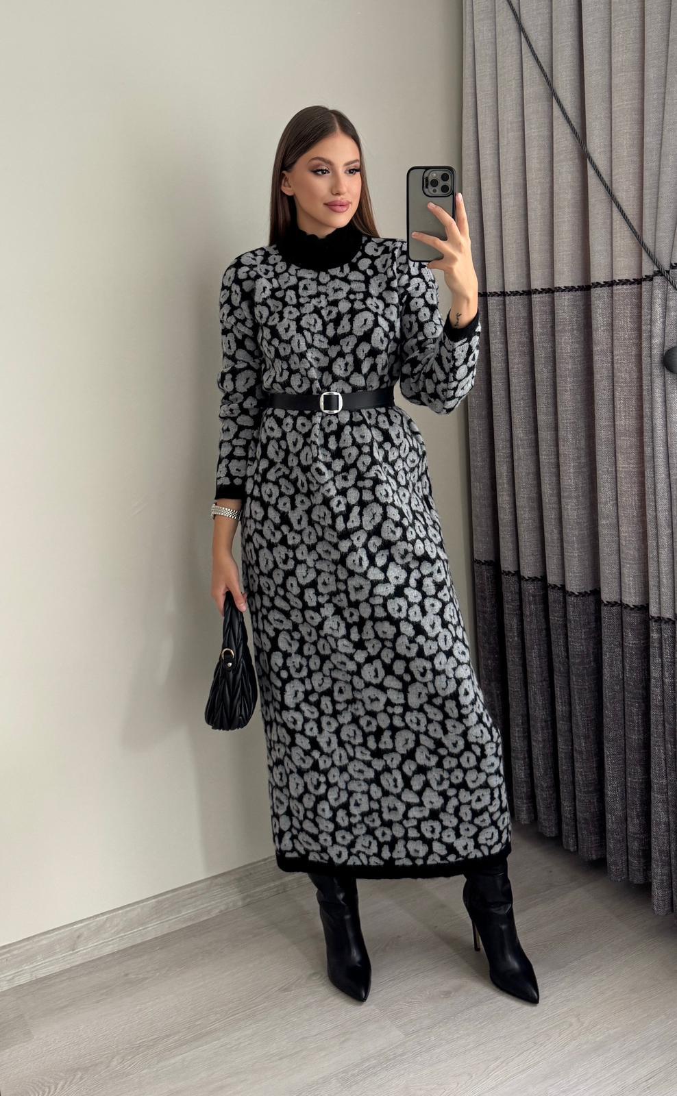 Leopar Kemerli Triko Elbise