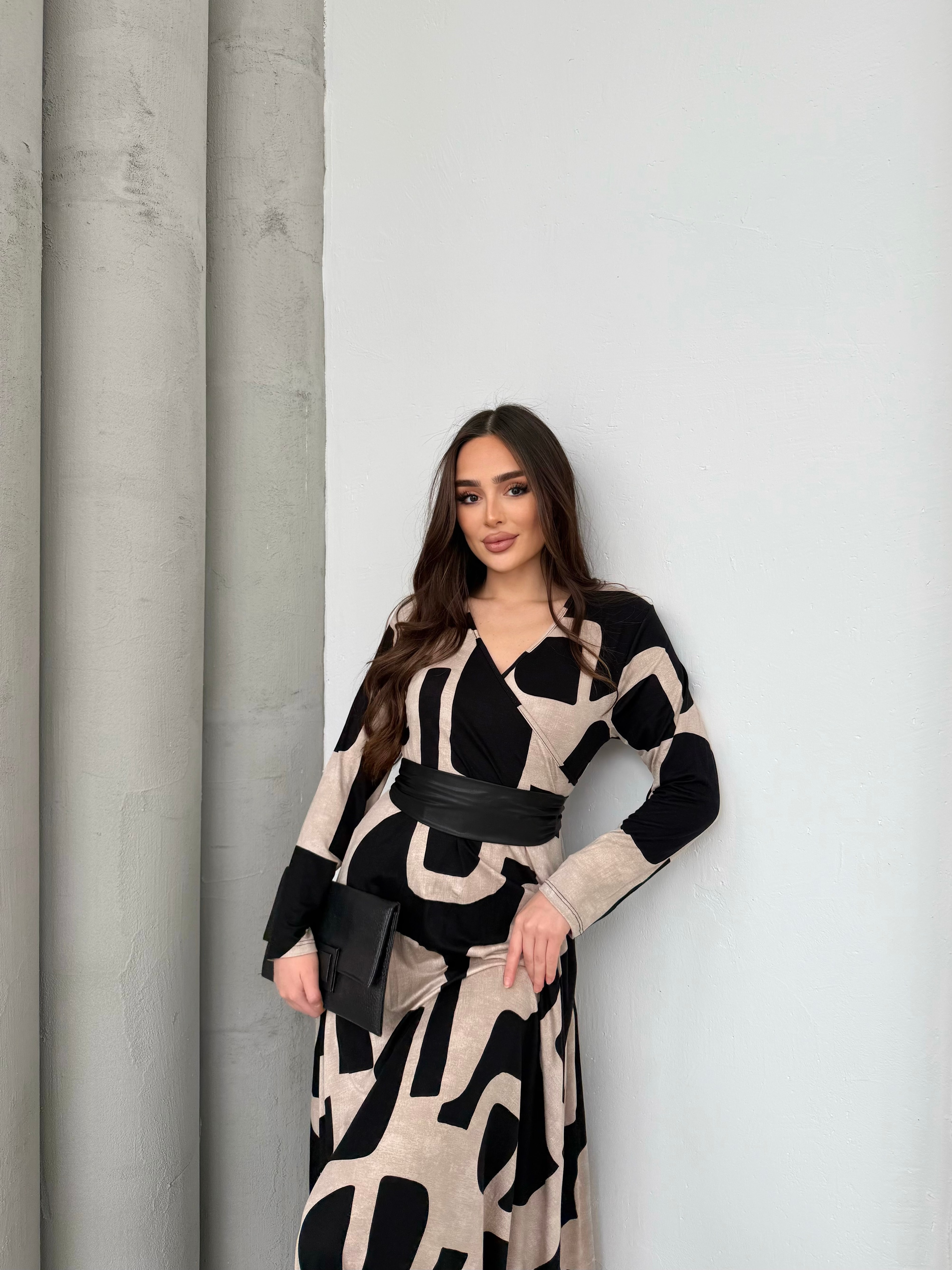 1028 Parçalı Kemerli Maxi Elbise