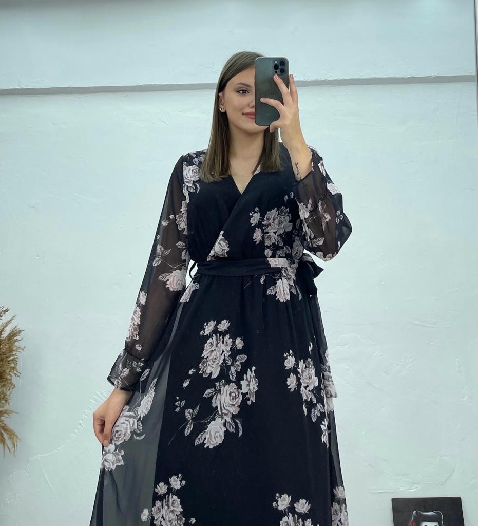 Kırçiçeği Desen Şifon Elbise - Siyah