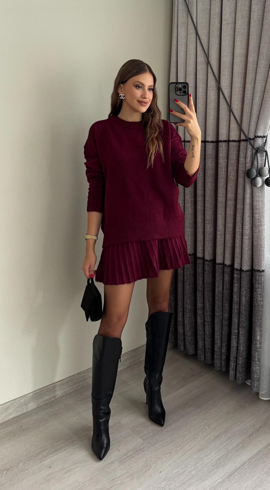 Piliseli Etek Kazak Triko Takım