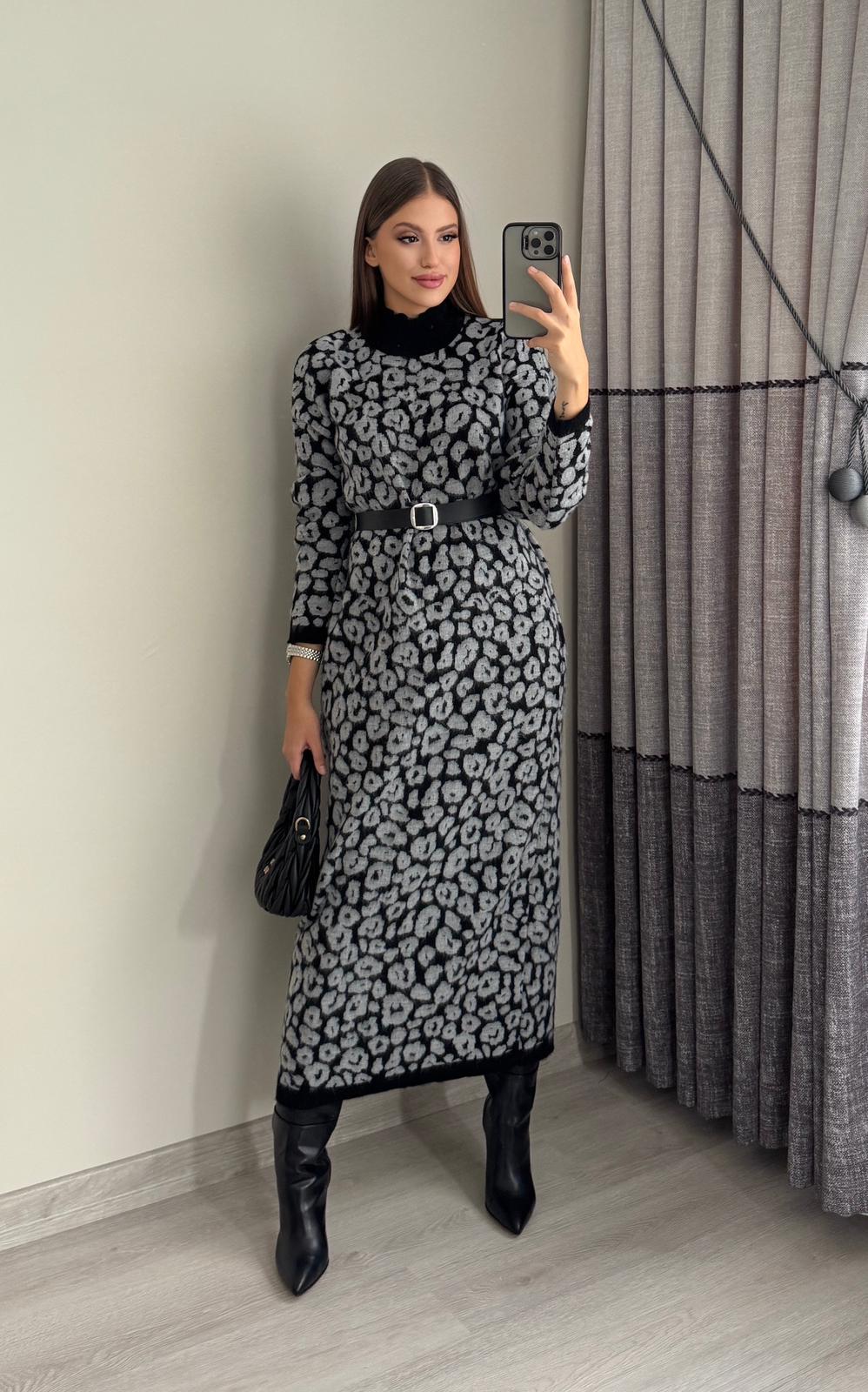 Leopar Kemerli Triko Elbise