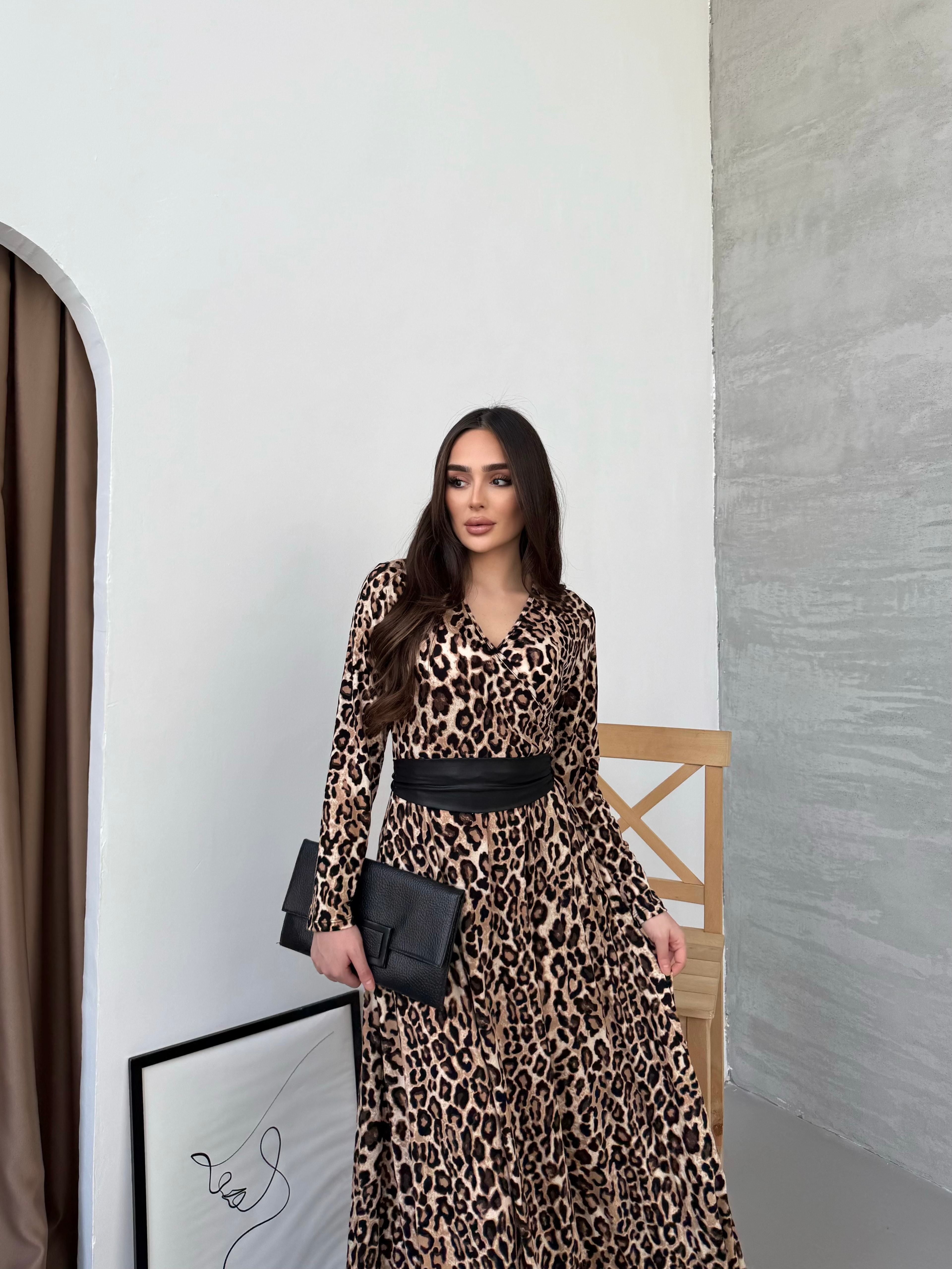 1029 Leopar Kemerli Maxi Elbise