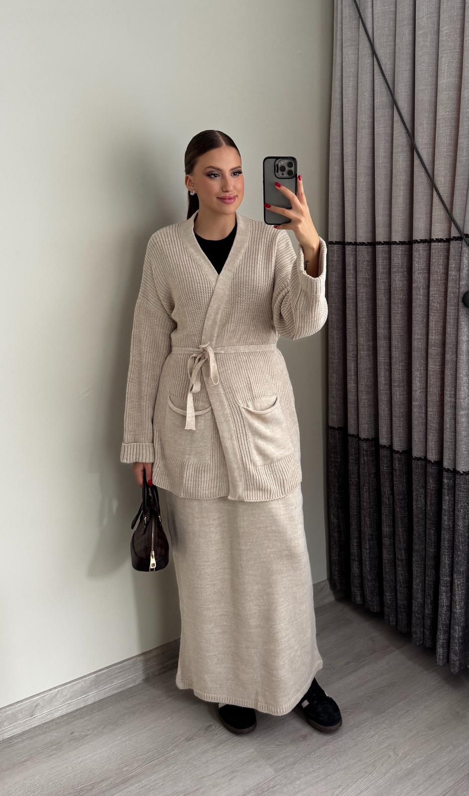 Hırka Etek Kuşak 3 lü Triko Takım