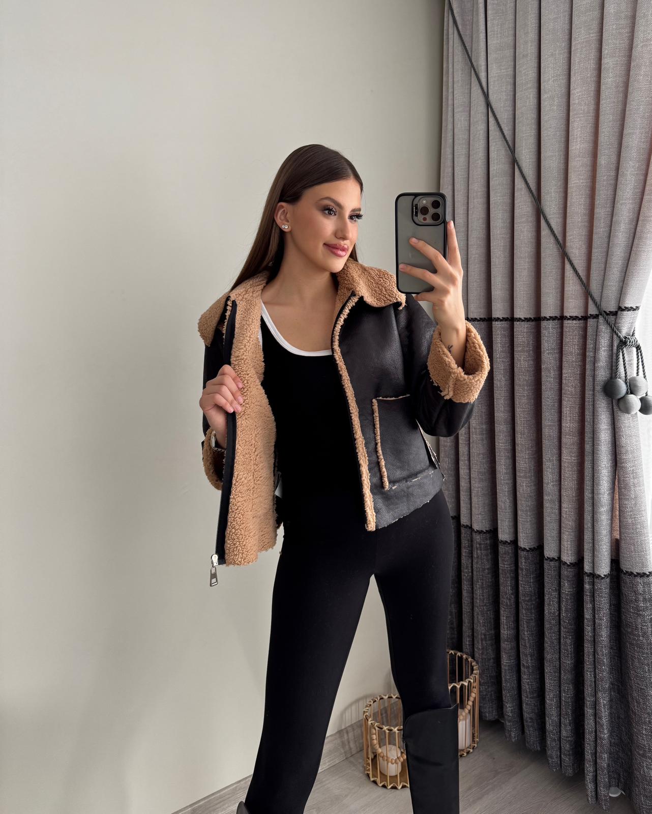 Peluş Nubuk Siyah Renk Deri Ceket