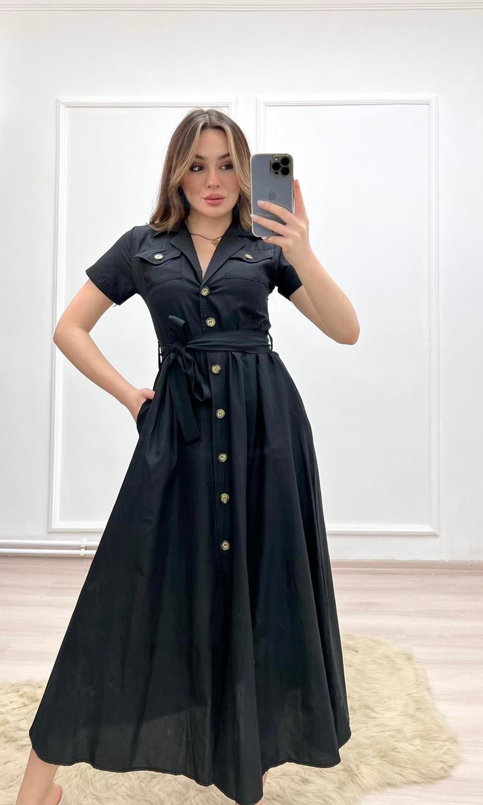 Kısa Kol Düğmeli Elbise - Siyah