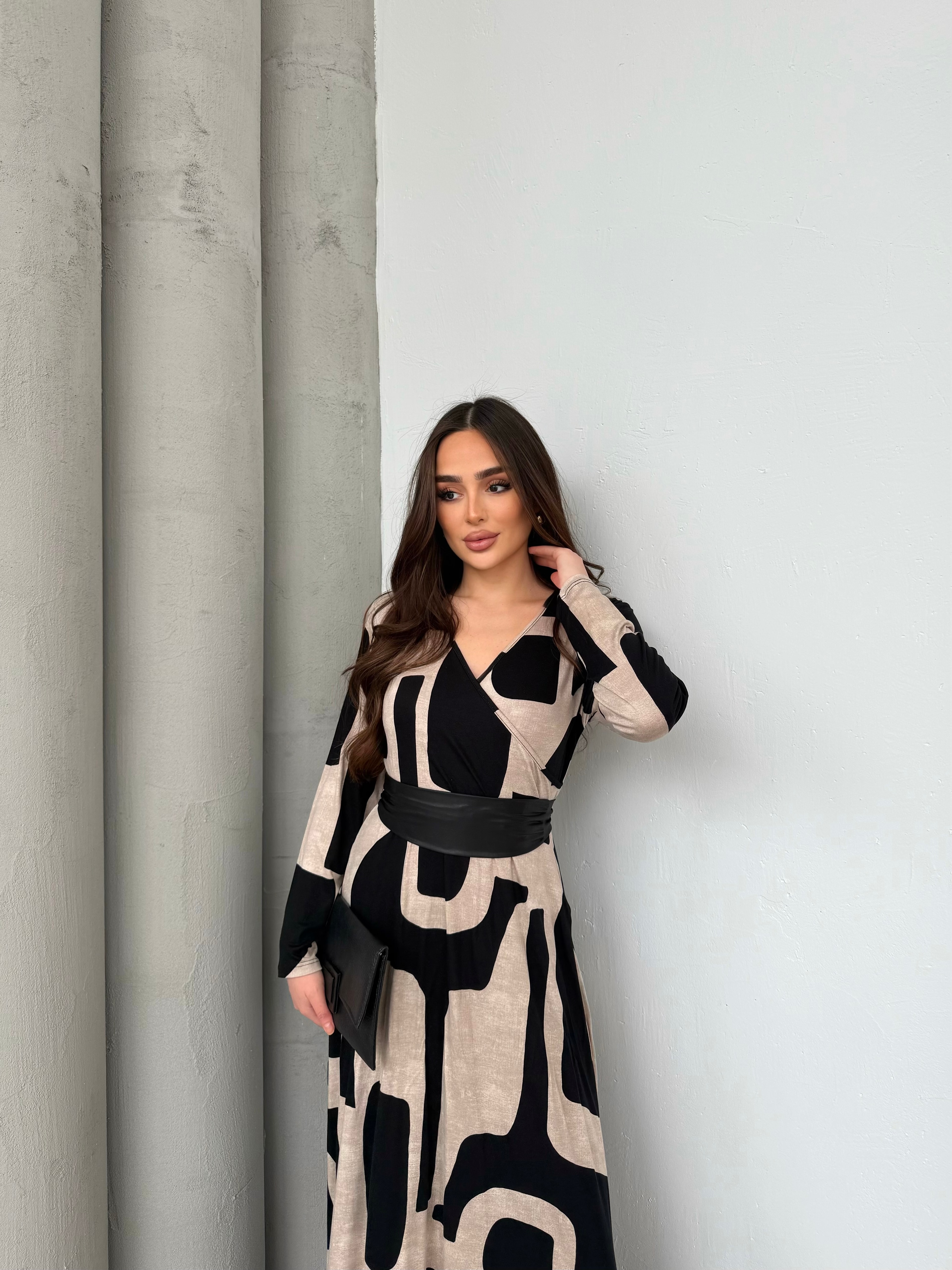 1028 Parçalı Kemerli Maxi Elbise