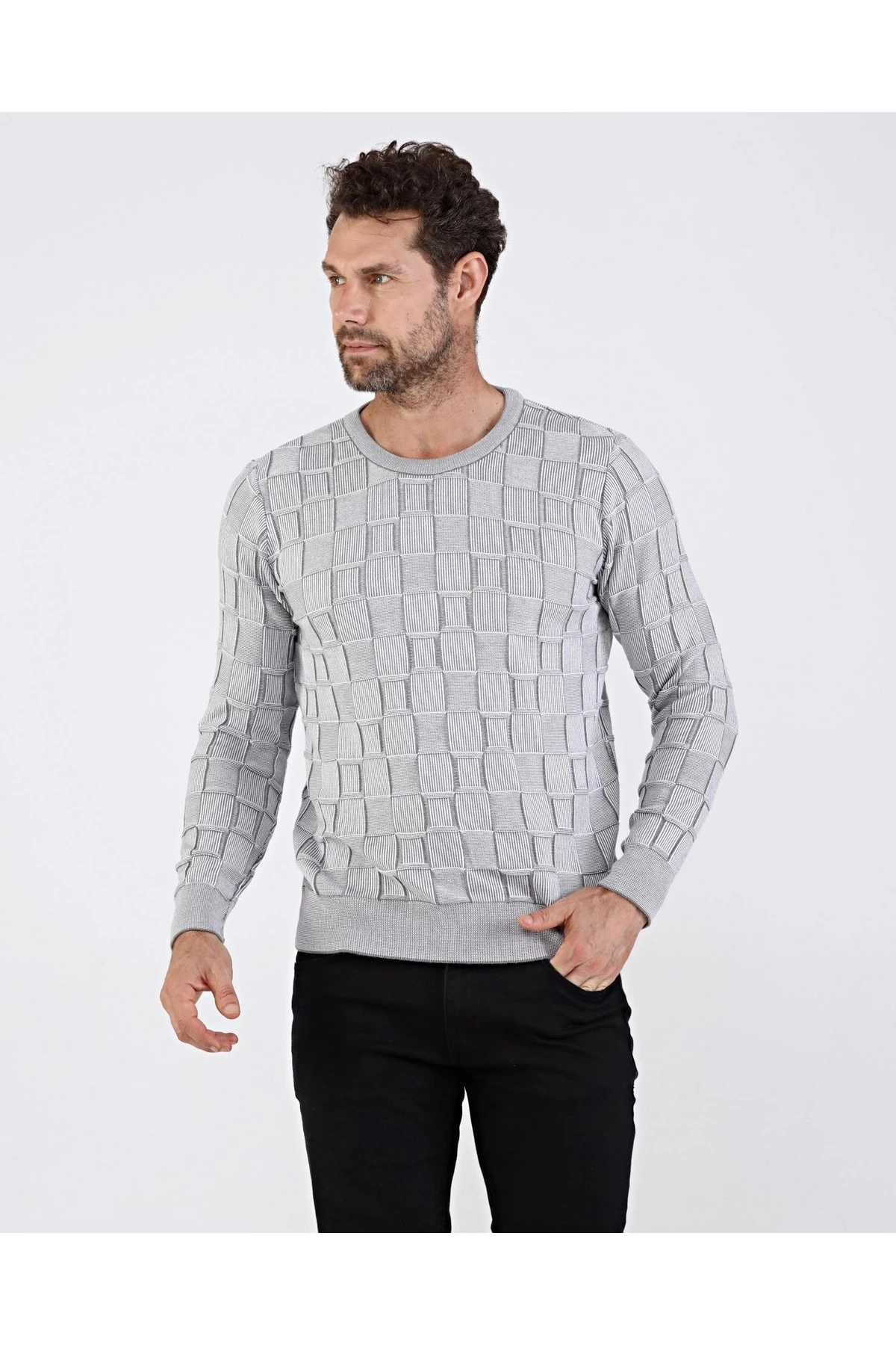 Erkek Sıfır Yaka Pamuklu Triko Gri Kazak Desenli Kol Ve Bel Lastikli Regular Kalıp