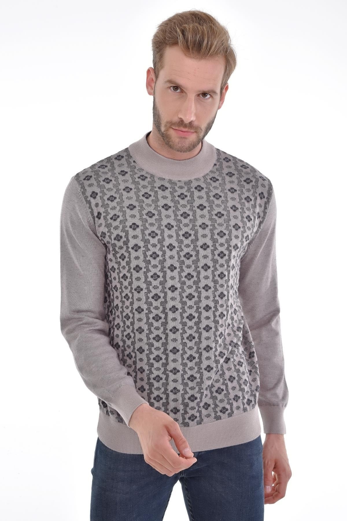 Erkek Yarım Balıkçı Yaka Pamuklu Triko Bej Kazak Desenli Kol Ve Bel Lastikli Dokuma