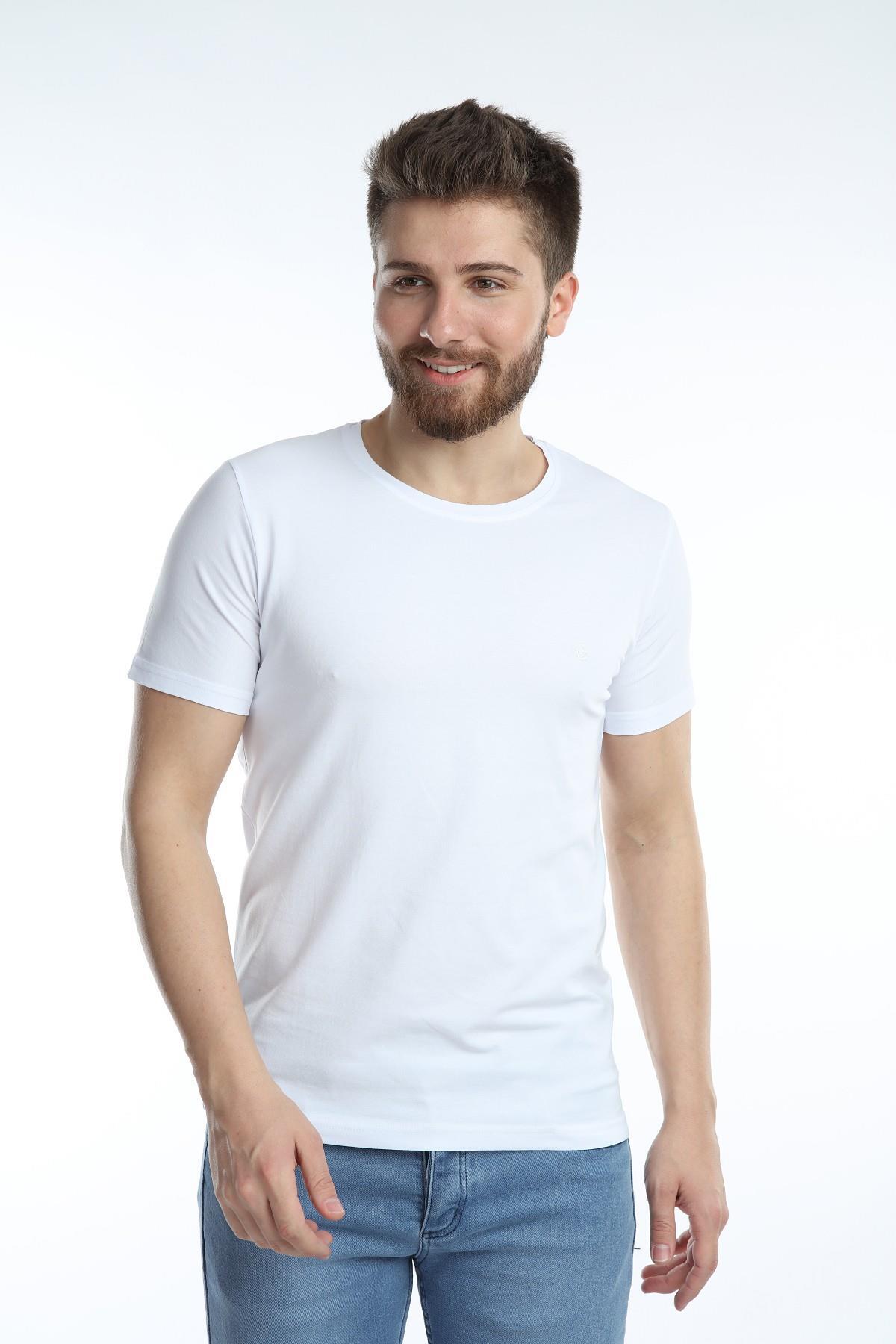 Erkek Bisiklet Yaka Basic Tişört Düz Beyaz Renk Slim Fit