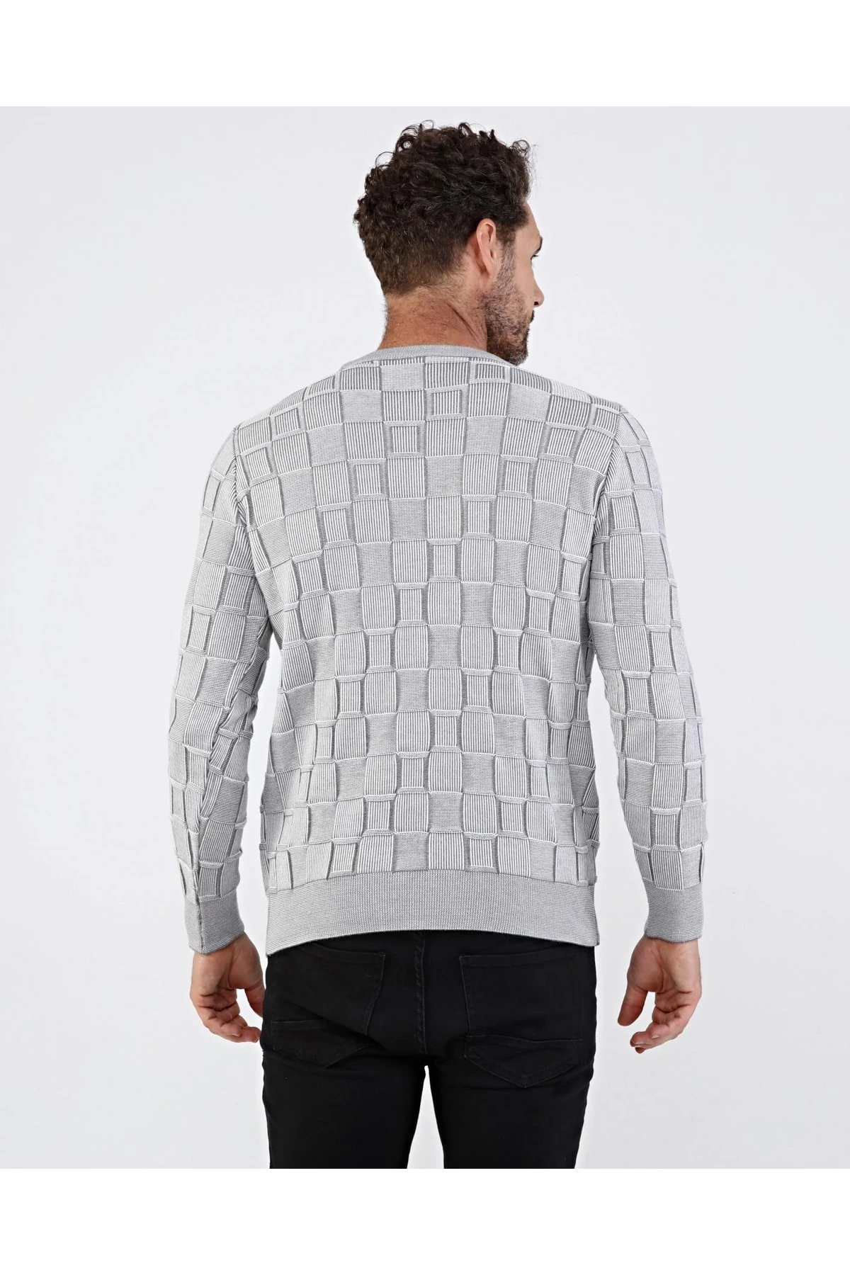 Erkek Sıfır Yaka Pamuklu Triko Gri Kazak Desenli Kol Ve Bel Lastikli Regular Kalıp