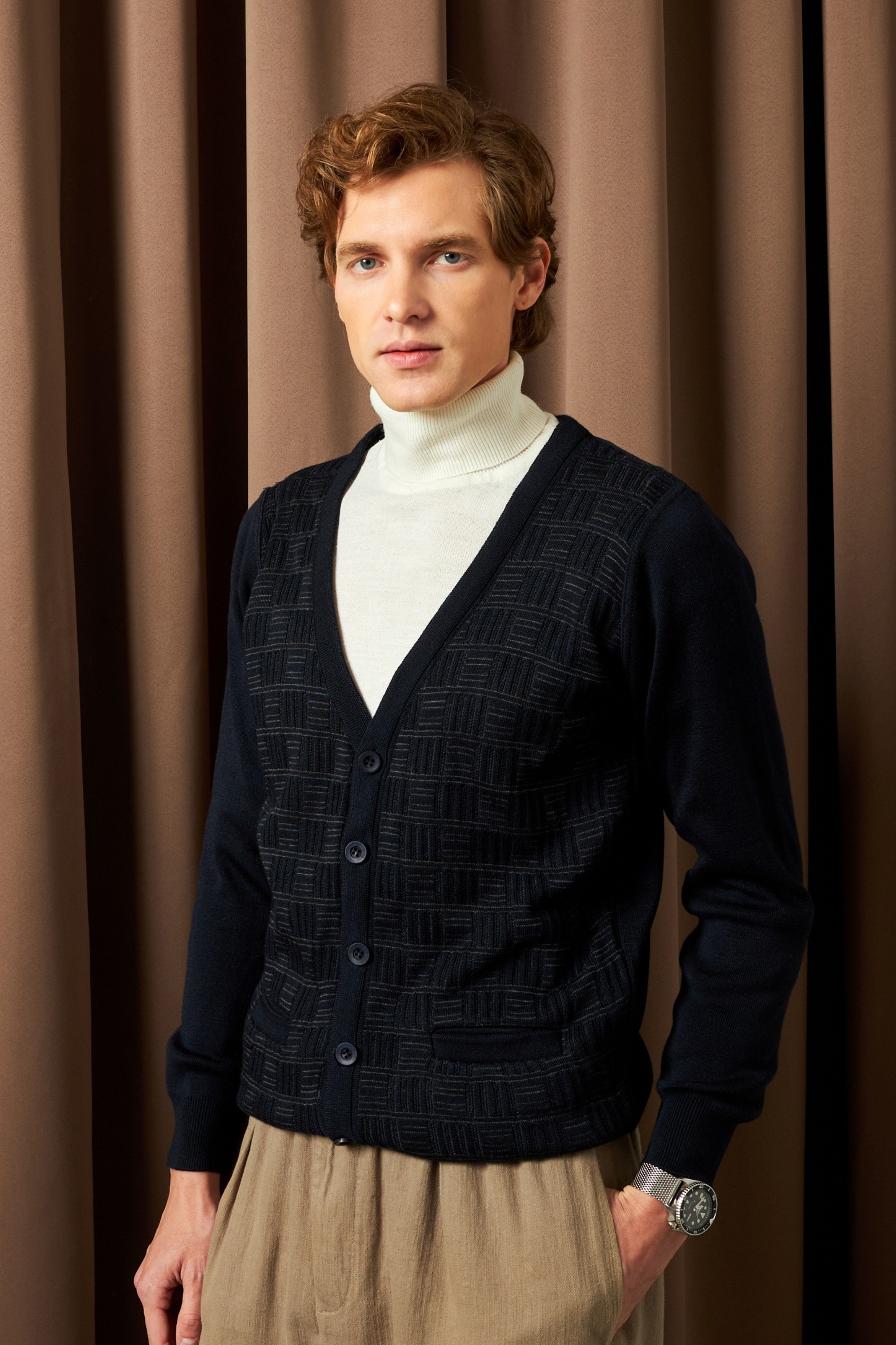 Erkek Düğmeli Hırka Cepli Kabarmalı Çelik Örgü Klasik Kalıp - 5215M - LACİVERT