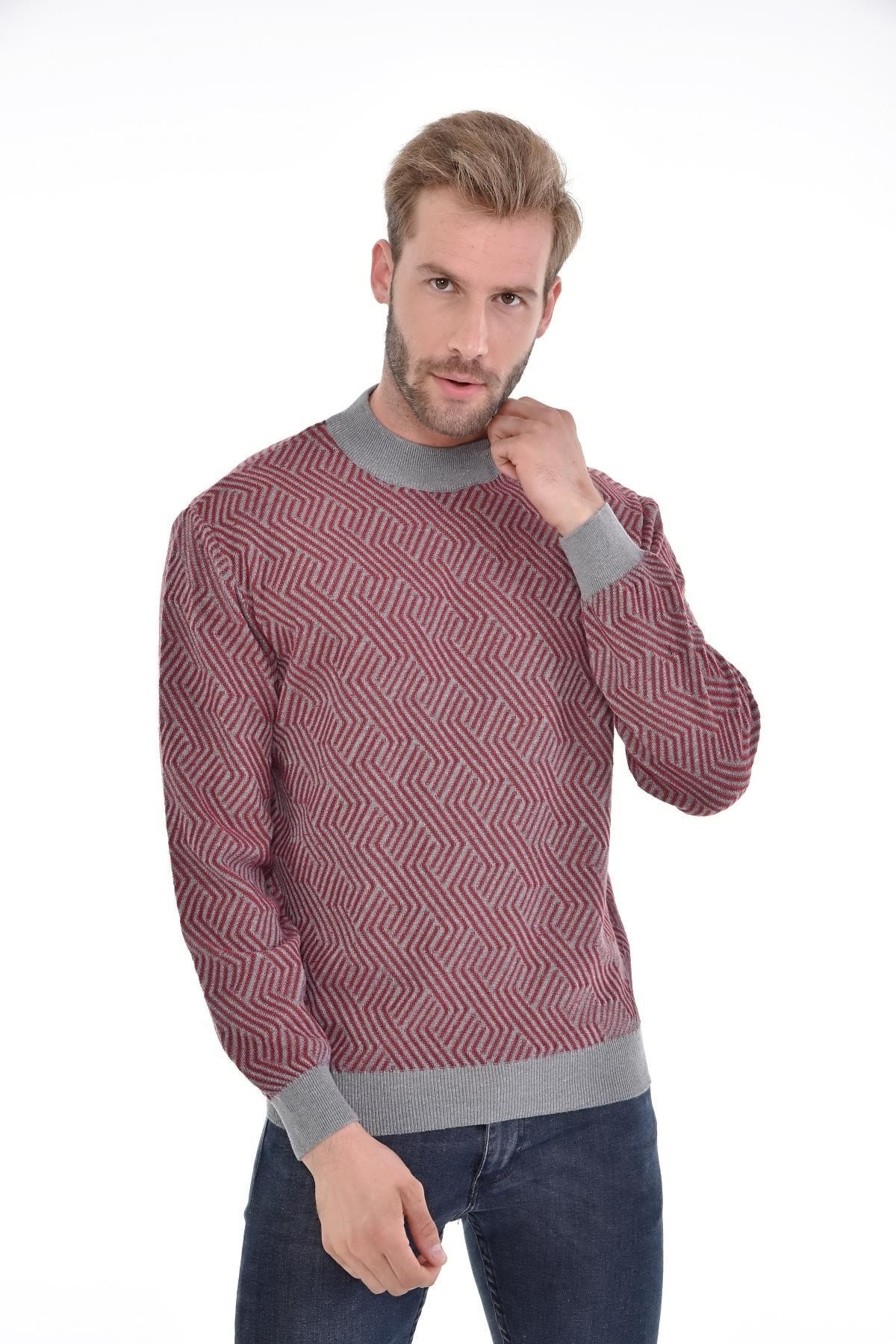 Erkek Yarım Balıkçı Yaka Pamuklu Triko Gri Kazak Desenli Kol Ve Bel Lastikli Dokuma