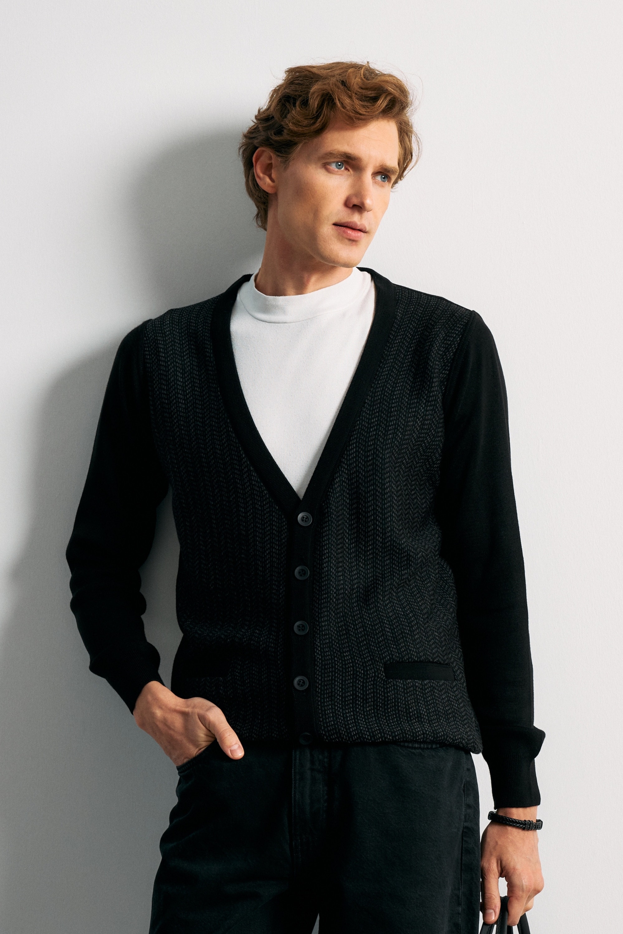 Erkek Düğmeli Hırka Cepli Desenli Çelik Örgü Klasik Kalıp - 5212M - SİYAH