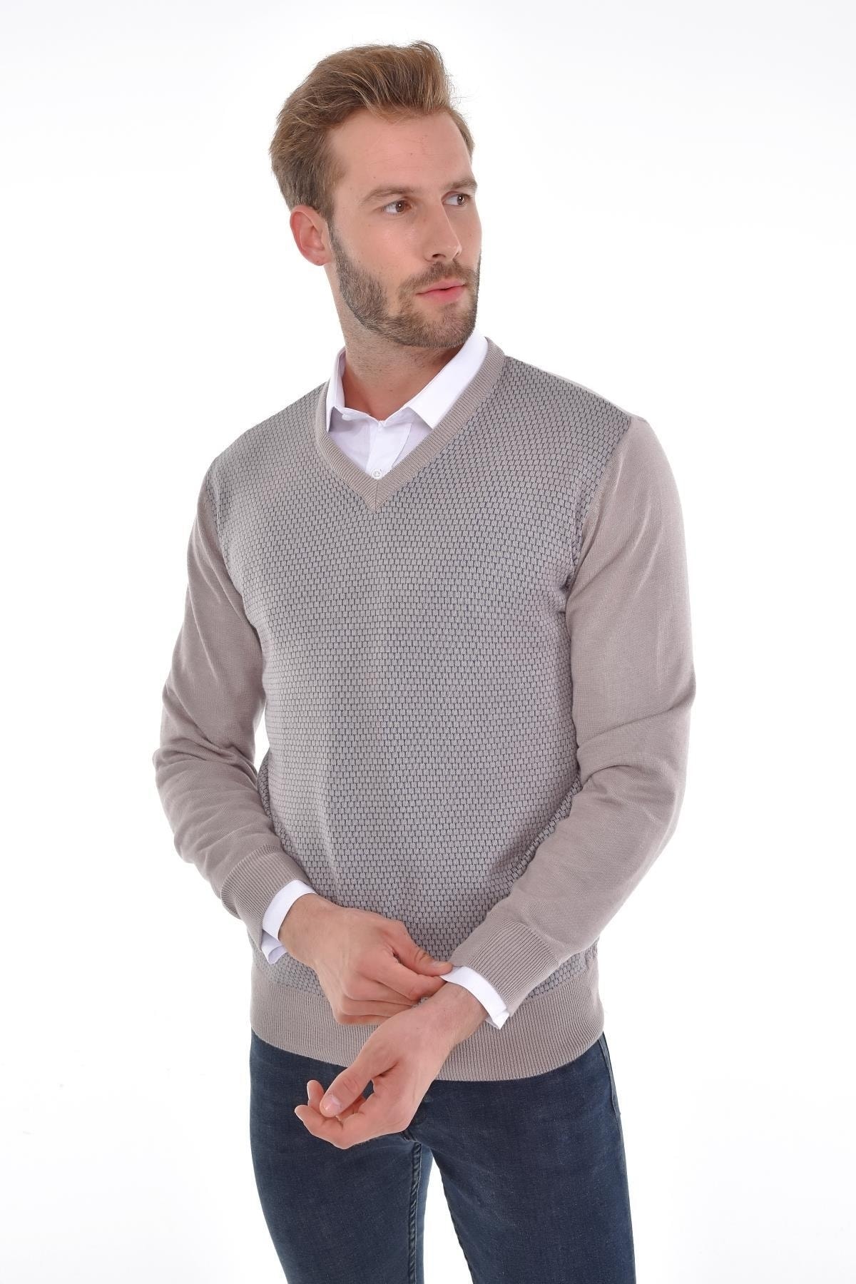 Erkek V Yaka Pamuklu Triko Bej Kazak Desenli Kol Ve Bel Lastikli Dokuma