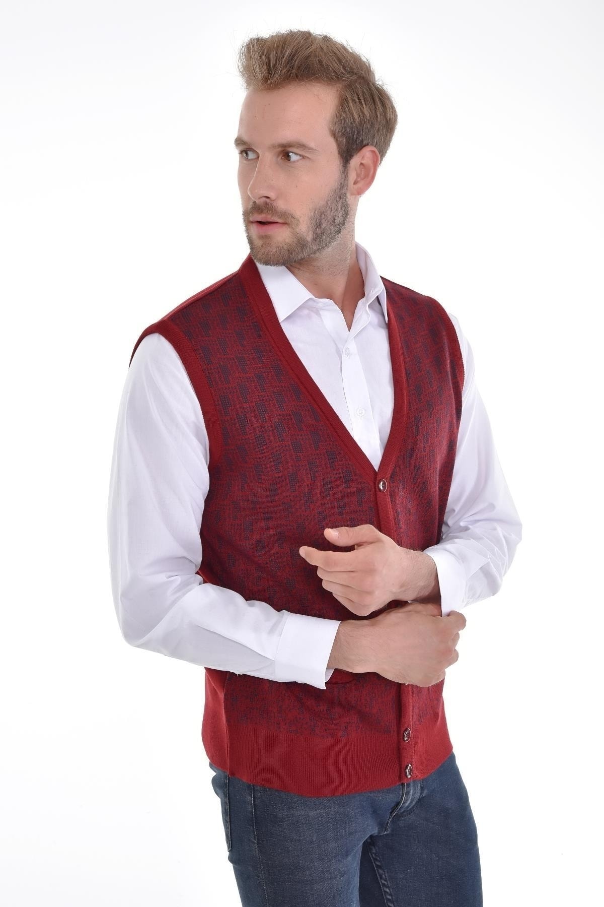 Erkek Triko V Yaka Bordo Yelek Düğmeli Cep Detaylı Desenli Bel Lastikli Çelik Örgü