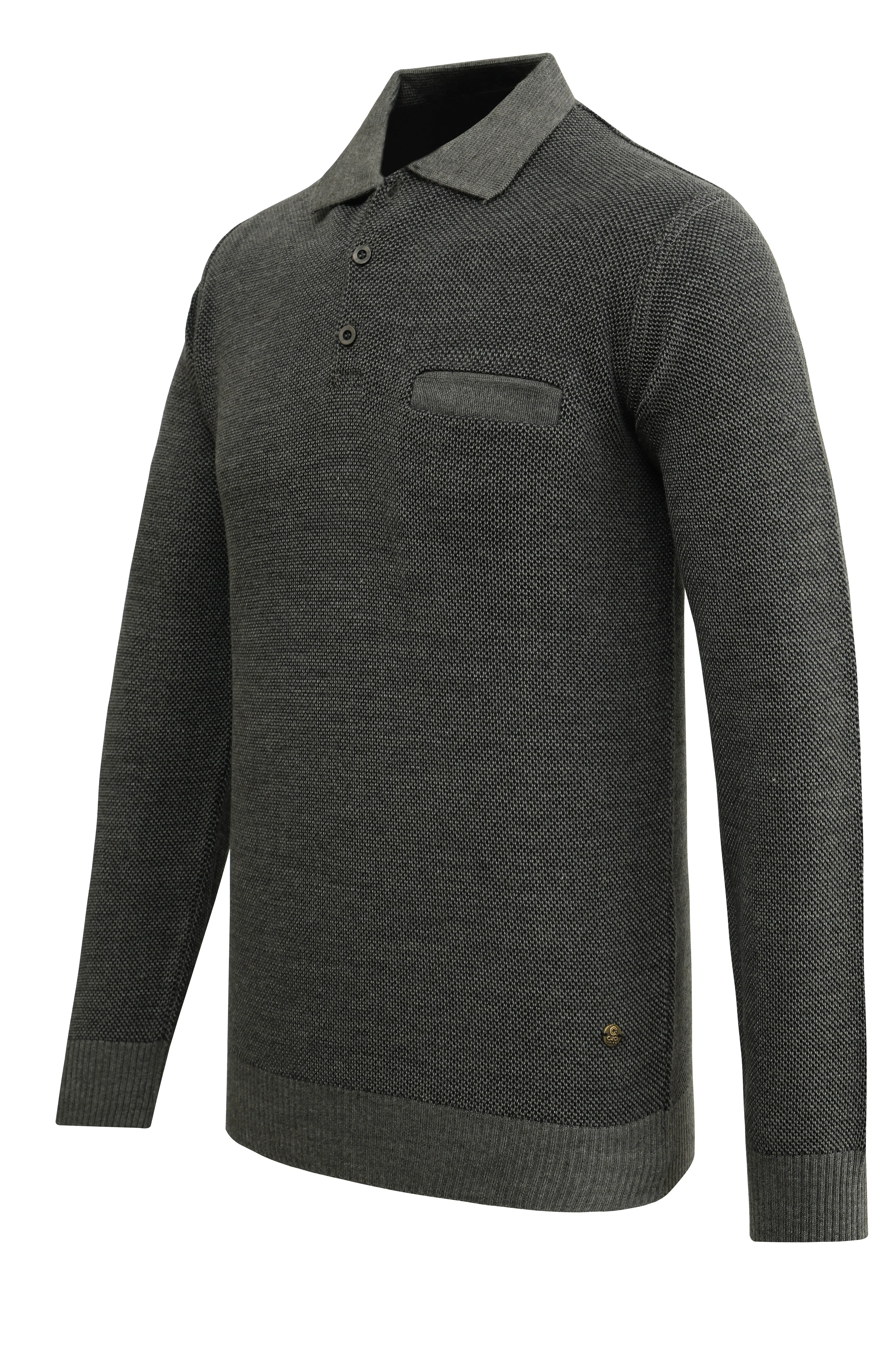 Erkek Polo Yaka Kazak Cepli Pike Desen Çelik Örgü Klasik Kalıp - 5214F - GREY