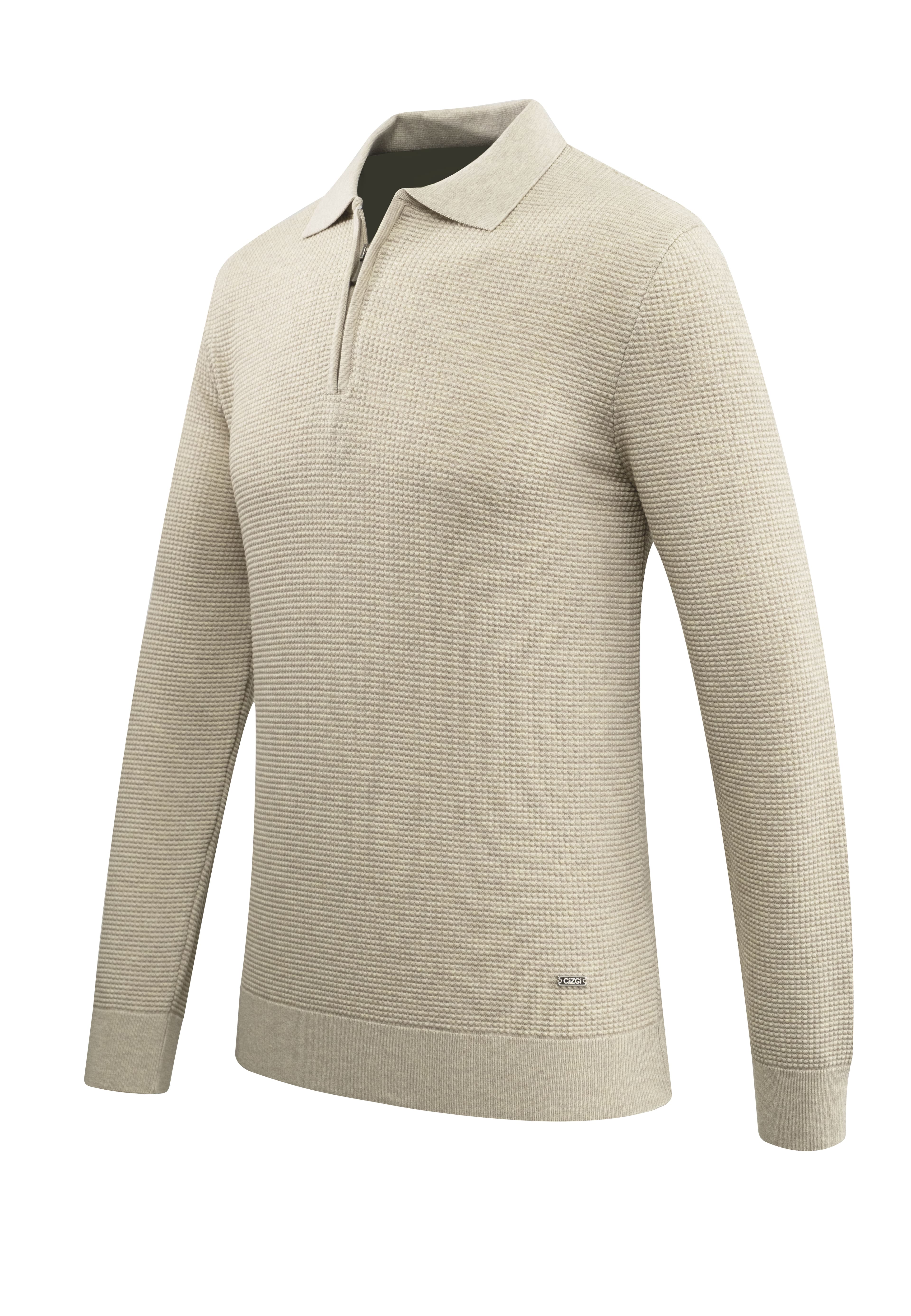 Erkek Fermuarlı Polo Yaka Kazak Triko Kabartmalı Örgü Düz Renk Klasik Kalıp - 5240F - BEIGE