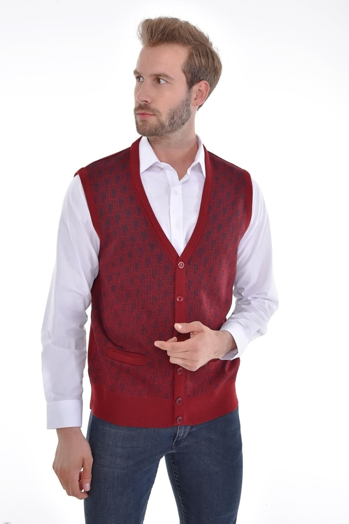 Erkek Triko V Yaka Bordo Yelek Düğmeli Cep Detaylı Desenli Bel Lastikli Çelik Örgü