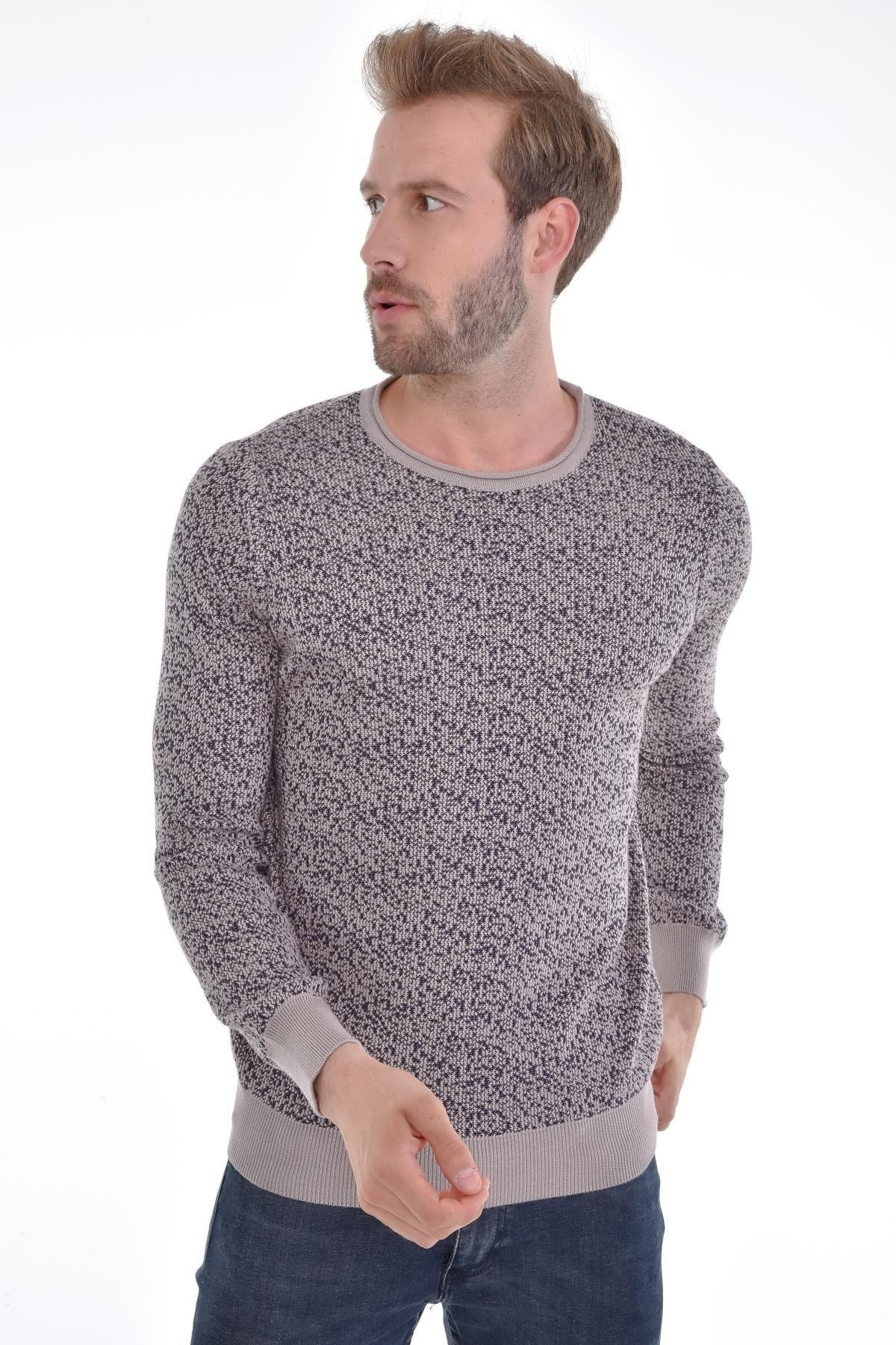 Erkek Sıfır Yaka Pamuklu Triko Bej Kazak Desenli Kol Ve Bel Lastikli Dokuma