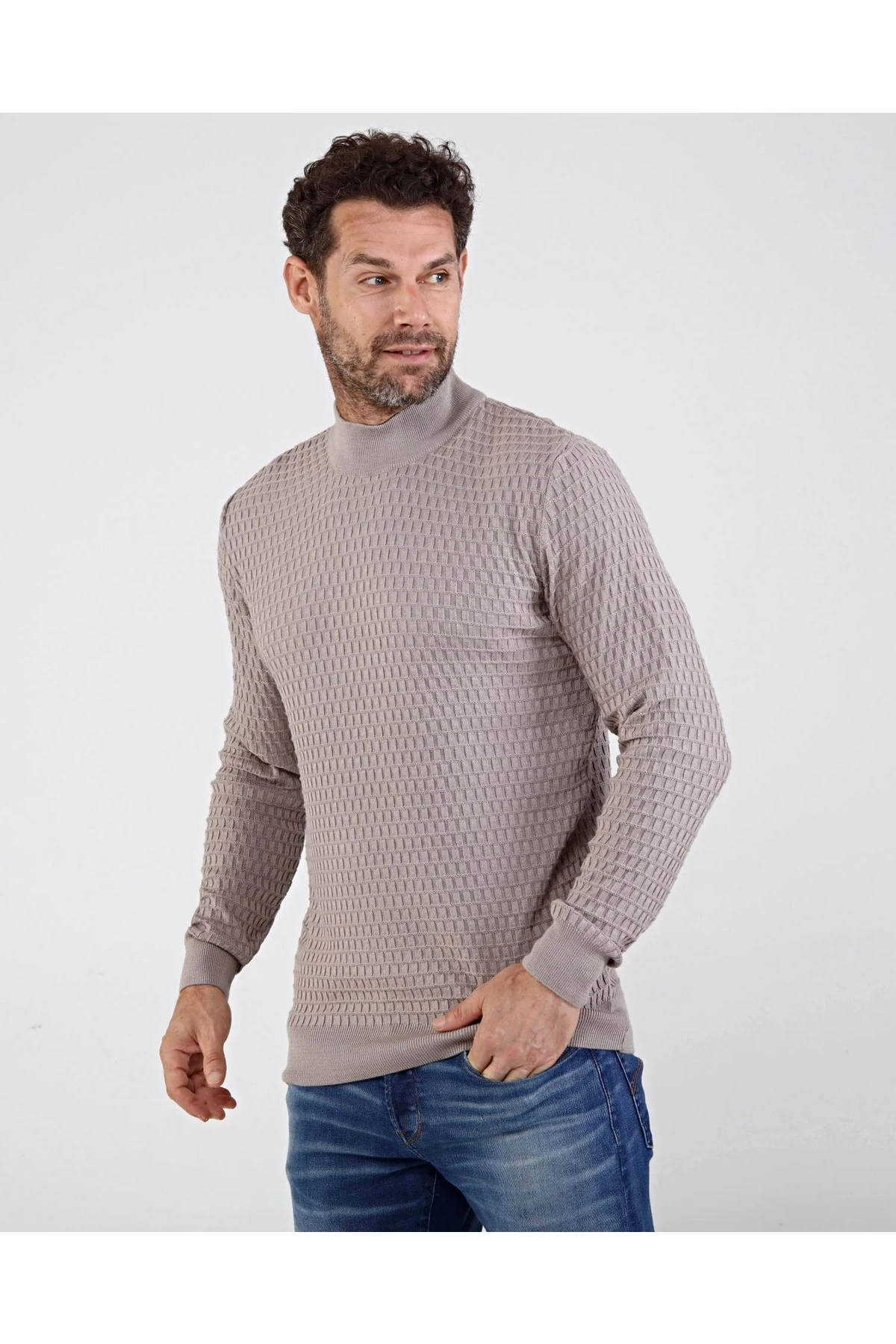 Erkek Yarım Balıkçı Yaka Pamuklu Triko Bej Kazak Desenli Kol Ve Bel Lastikli Regular