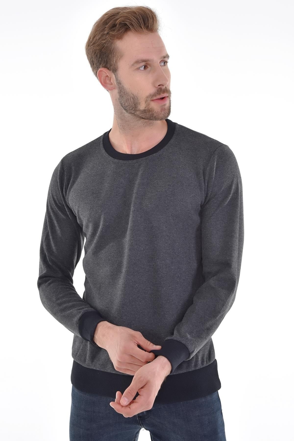 Erkek Sıfır Yaka Antrasit Sweat Kol Ve Bel Lasitkli Dokuma