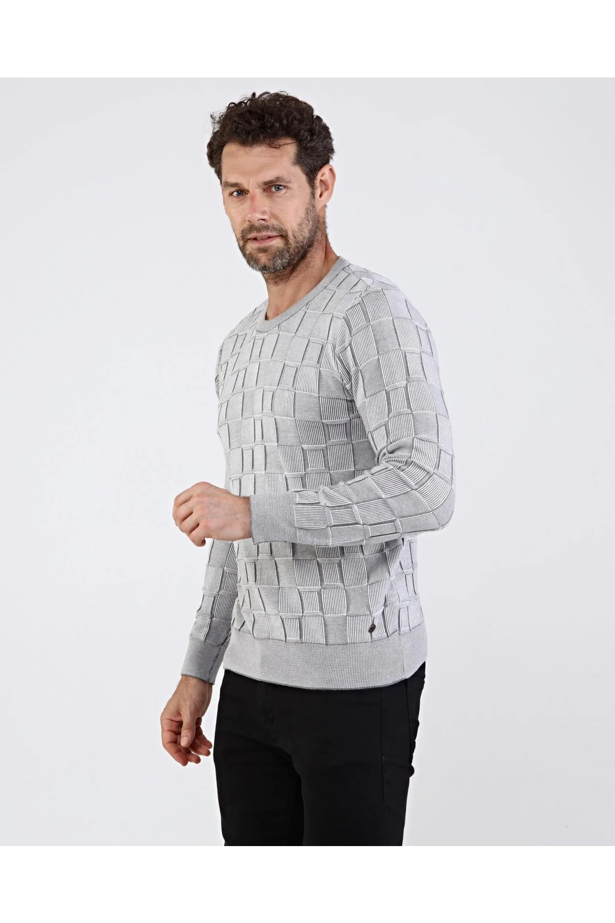 Erkek Sıfır Yaka Pamuklu Triko Gri Kazak Desenli Kol Ve Bel Lastikli Regular Kalıp