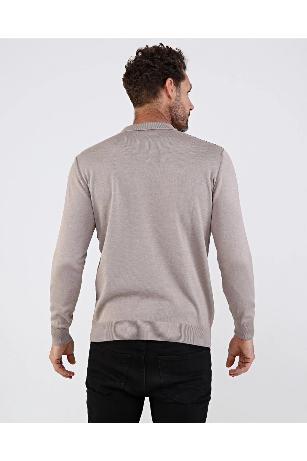 Erkek Polo Yaka Pamuklu Triko Bej Kazak Desenli Kol Ve Bel Lastikli Regular Kalıp