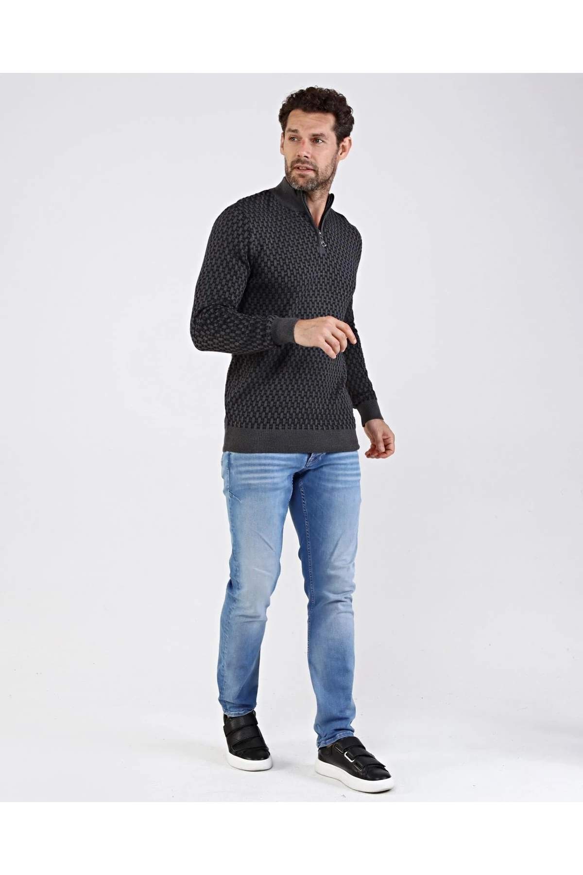 Erkek Yarım Balıkçı Yaka Pamuklu Triko Gri Kazak Desenli Kol Ve Bel Lastikli Regular