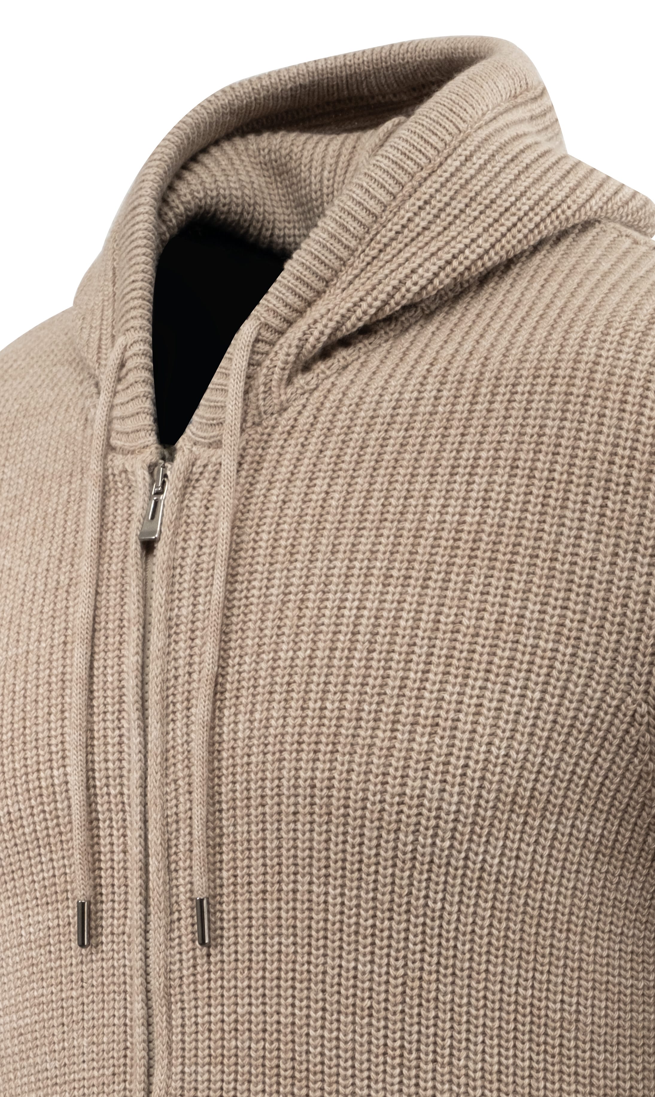Erkek Kapüşonlu Fermuarlı Triko Hırka Selanik Örgü Cepli Klasik Kalıp - 5249K - BEIGE