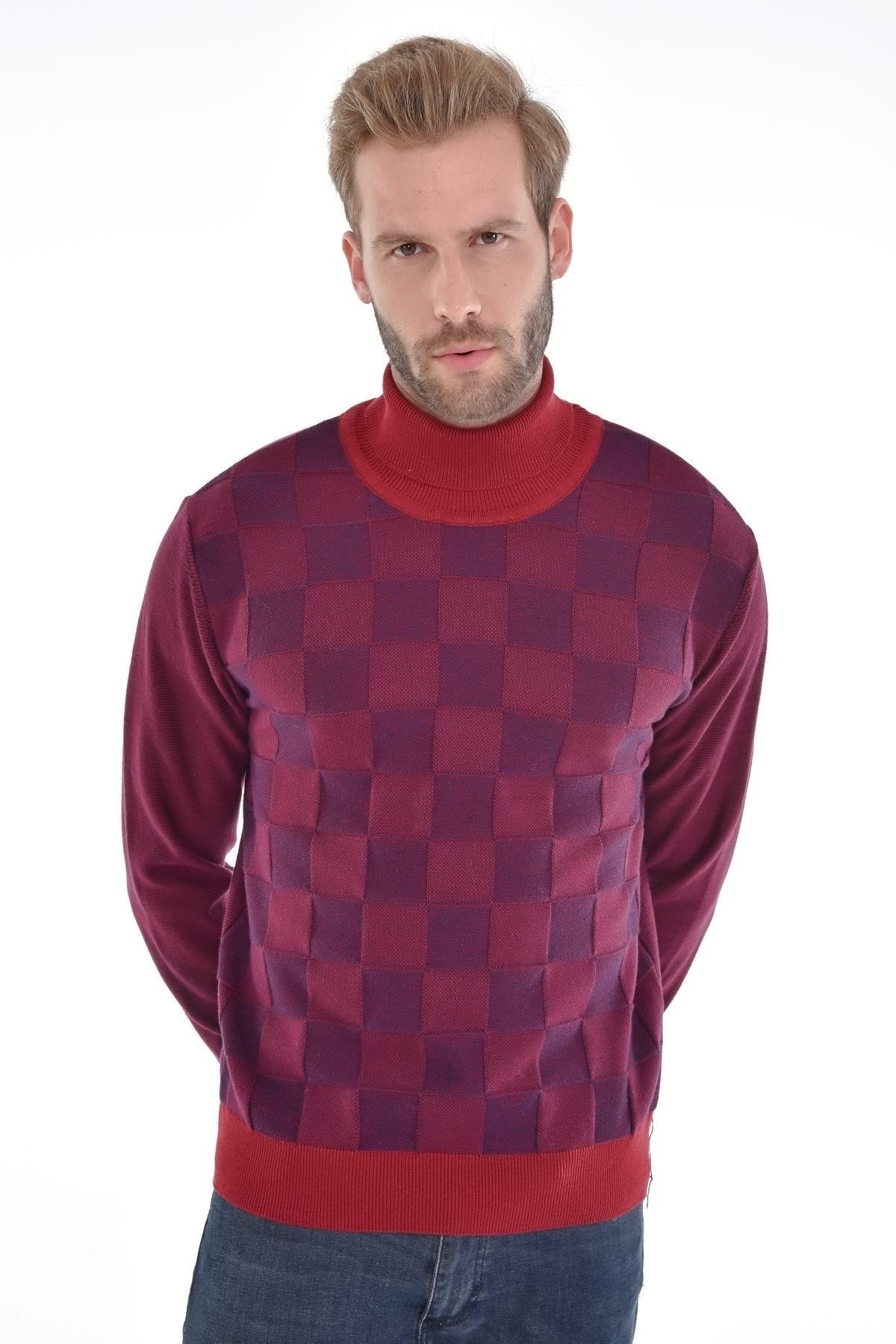 Erkek Tam Balıkçı Yaka Pamuklu Triko Bordo Kazak Desenli Kol Ve Bel Lastikli Dokuma