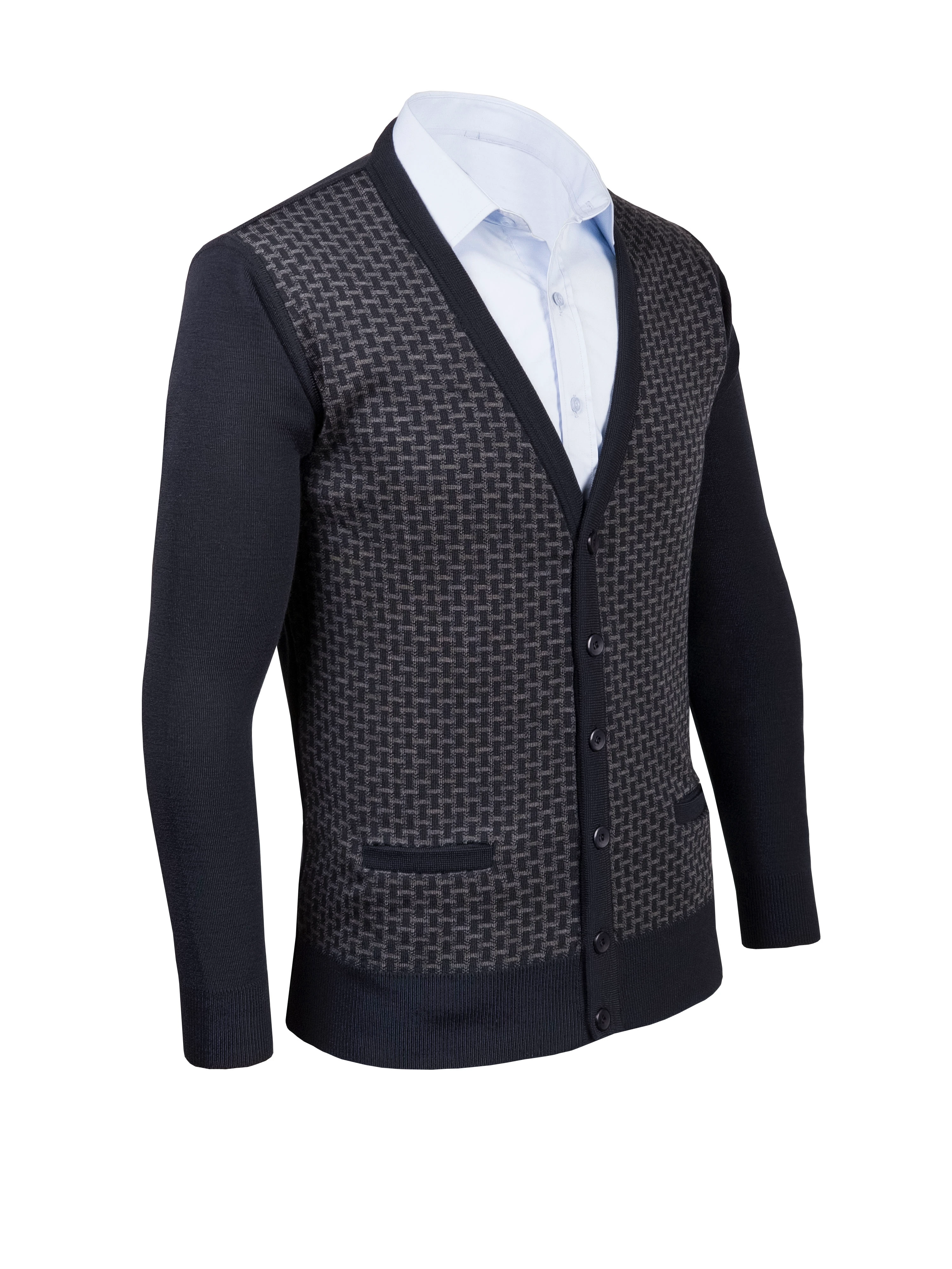 Çizgi Triko Erkek V Yaka Triko Hırka Düğmeli Cep Detaylı Desenli Çelik Örgü Klasik Kalıp