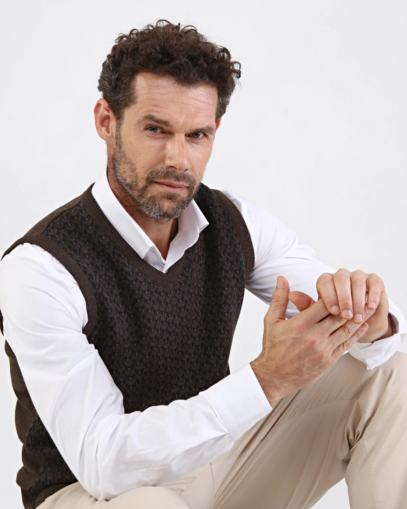 Stripe Knitwear Men's V-Neck Knitwear Sweater Patterned Colorful Winter Steel Knitted Classic Pattern - BROWN