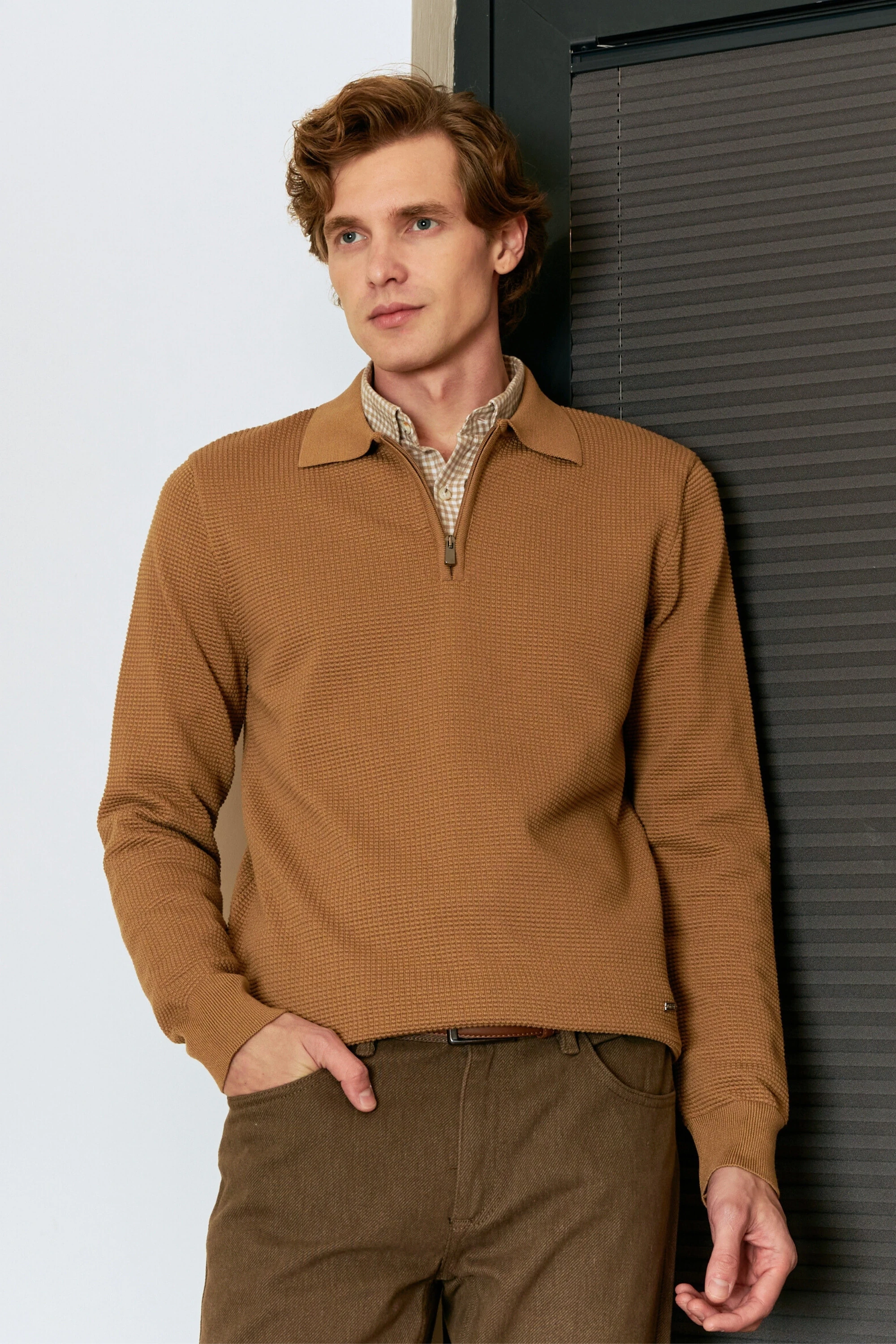 Erkek Fermuarlı Polo Yaka Kazak Triko Kabartmalı Örgü Düz Renk Klasik Kalıp - 5240F