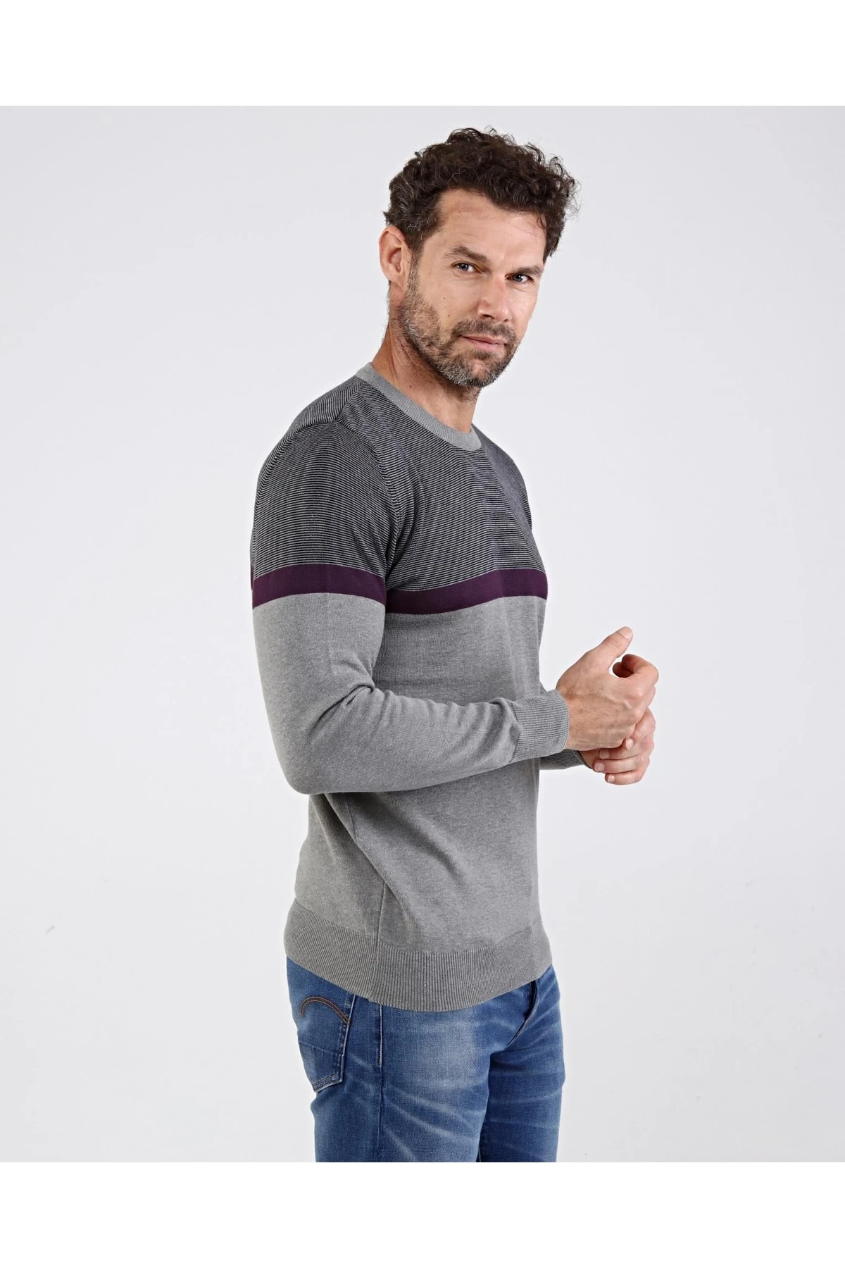 Erkek Sıfır Yaka Pamuklu Triko Gri Kazak Desenli Kol Ve Bel Lastikli Regular Kalıp