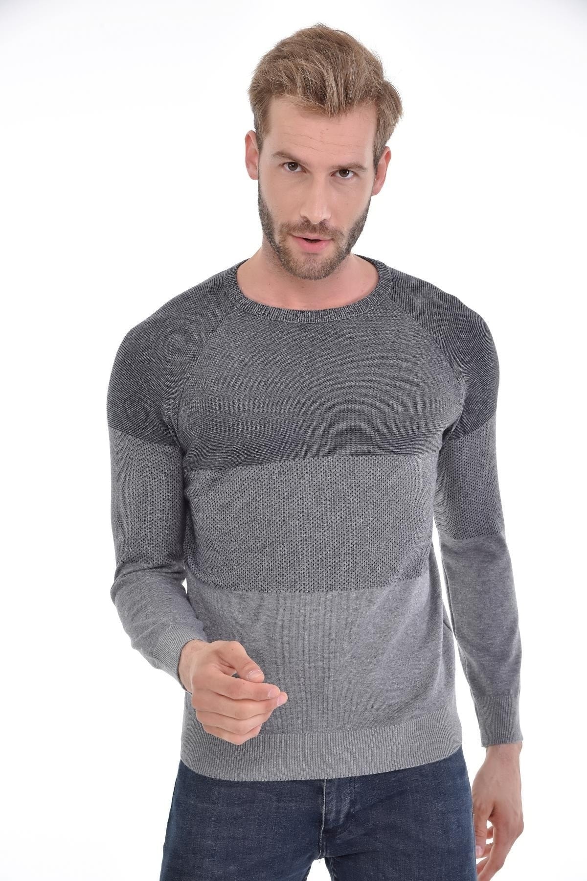 Erkek Sıfır Yaka Pamuklu Triko Gri Kazak Desenli Kol Ve Bel Lastikli Dokuma